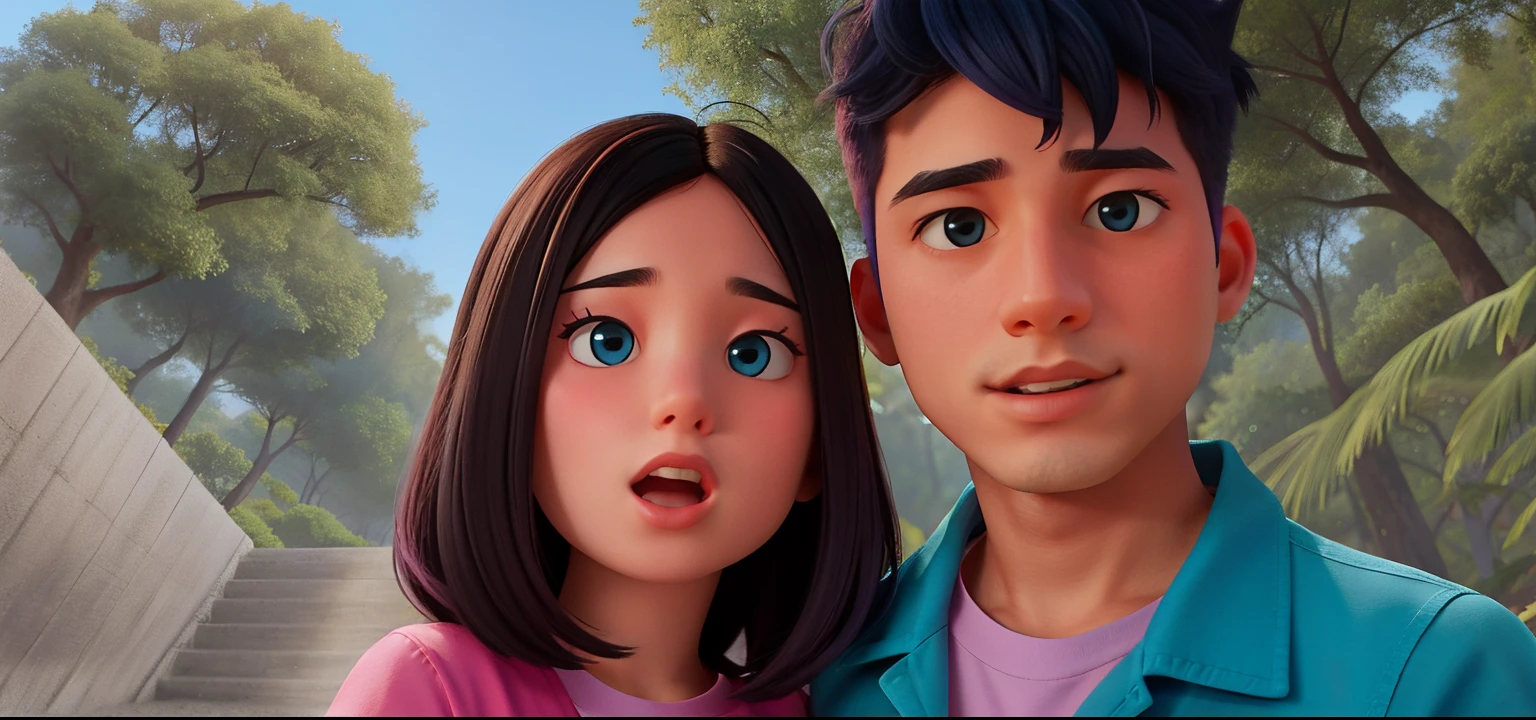 The girl is wearing an pink t-shirt and the boy is wearing a blue shirt with boy hair color is black some trees behind them.