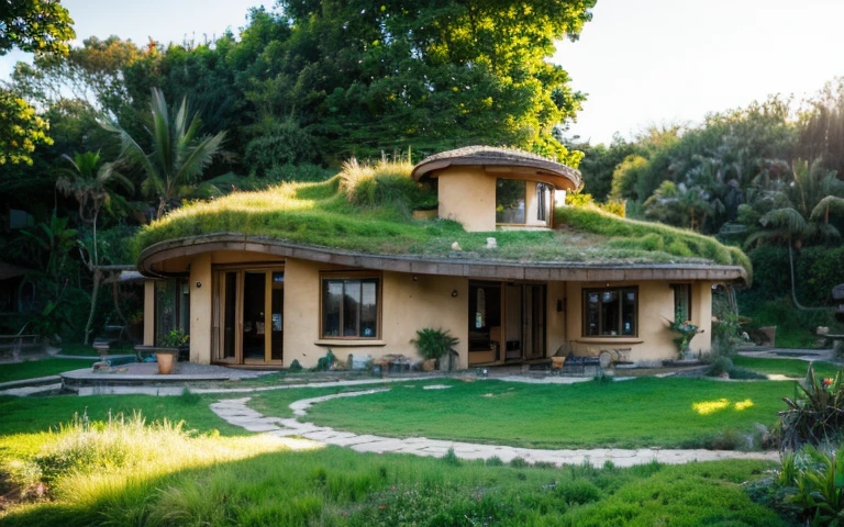 A photograph of a symmetrical contemporary house with (((one waved green roof))) and (((biological pool))) in a tropical backyard, mustard yellow terracota plaster walls (((rustic clay stucco))), ((corner walls rounded)), ((rustic clay plaster)), (((terracotta walls with rounded corners, organic curves))), (((rustic earth plaster, mud))), (((wave-shaped green roof with wooden edge))), (((wooden roof structure, wooden rake, wooden fascia board))), eaves, porch with wooden pillar, ((roof with wooden structure)), In Bali (((Tropical garden))), ((natural houses, organic buildings, organic architecture)), Ecovillage, sustainable architecture, Bioconstruction architecture, solarpunk architecture, (((grass roof, green roof, green wave roof, rounded roof, vegetated roofs))), ((green architecture)), Passive house, (((Rock Foundation))), Clear sky in the background, painful beauty, modern, imposing, green house, ((Bali hobbit Hadid Style)), super resolution, cinematic, color grading, editorial photography, photography, photo shoot, (((dramatic front eye top angle view))), O 50mm, depth of field, intricate details, natural colors, sharp focus, warm light, shutter speed 1/1000, F/22, White Balance, Ray Trace Reflections, Lumen Reflections, Screen Space Reflections, Diffraction Rating, Chromatic Aberration, GB Shift, Partial Lighting, Backlighting, Daylighting, Scan Lines, ambient occlusion, antialiasing, shaders, OpenGL-Shaders, GLSL-Shaders, Post-processing, post-production, shading, tone mapping, incredibly detailed and complex, hypermaximalist, elegant, hyperrealistic, super detailed, dynamic pose, Fujifilm XT