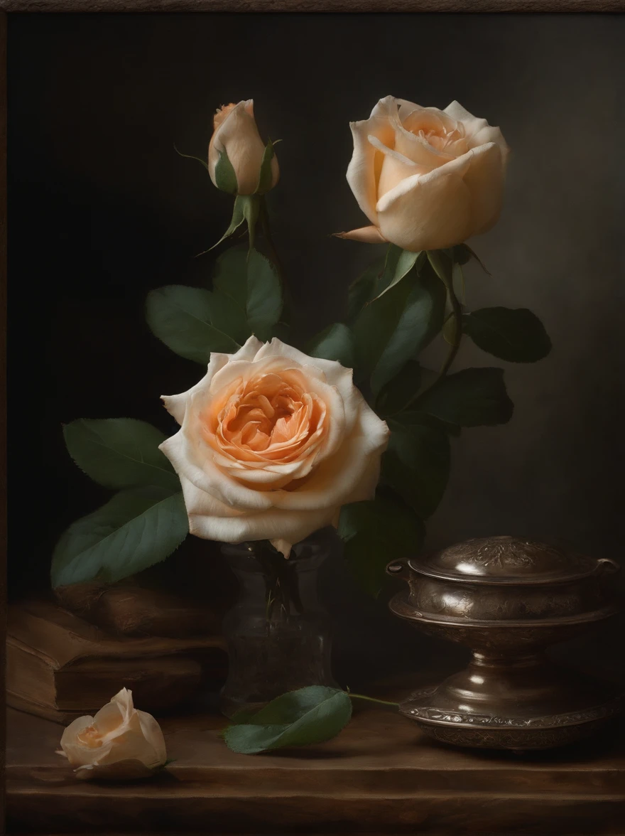 A detailed description of the prompt:
"Best quality, A high resolution, Masterpiece:1.2, Ultra-detailed, Realistic:1.37, Withering roses,rose petals,Dark Still Life, Oil painting, mystical ambiance, Dim lighting, Rich textures, Vivid colors, Intricate details, intense shading, Aging objects, Withered rose A delicate reflection, GLOOMY AMBIANCE, hauntingly beautiful, Creepy elements, Delicate brushstrokes, Engaging composition。, Classical art style, Tonal contrast, Dramatic shadows, Spooky existence, Incredible objects, Intricate decay details, Gloomy color palette, The depth and dimensions of the capture, Emotions hidden in the dark, Realistic rendering, Strong chiaroscuro, Delicate texture, Tiny details of each object, An impeccable depiction of aging, Unforgettable vulnerability, Ethereal atmosphere, Complex layers of symbolism."