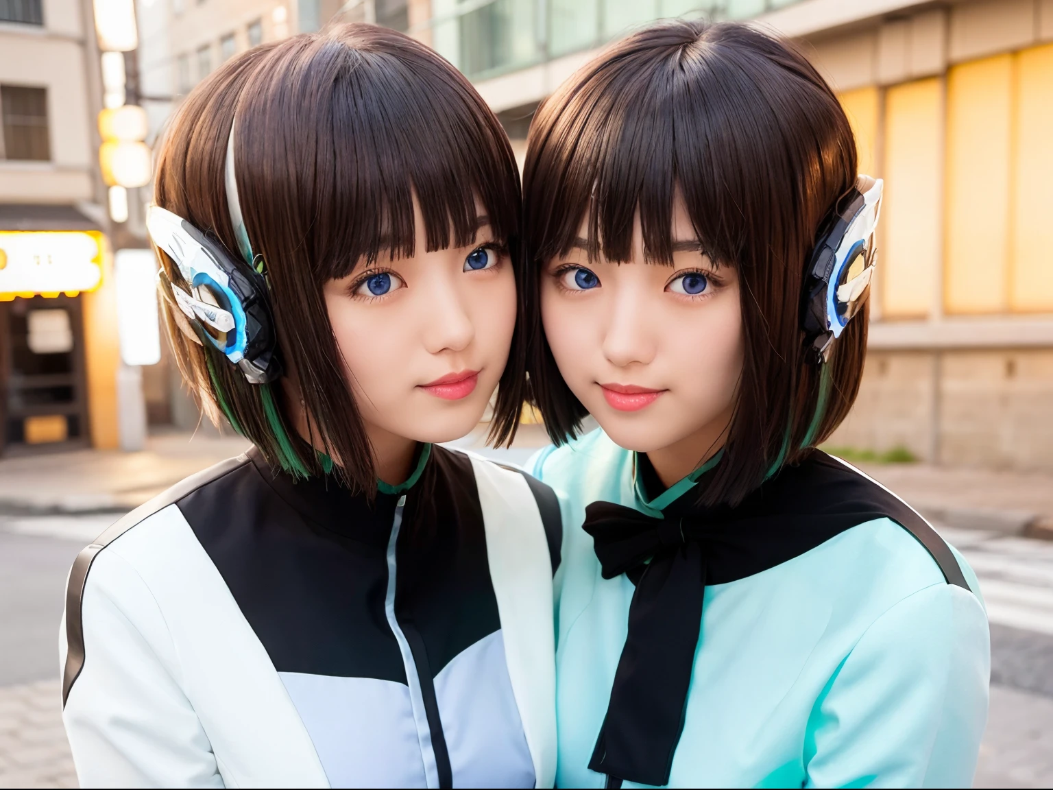 two beautiful young women hugging each other in a studio shot stock photo, two girls, two beautiful women in love, woman holding another woman, beautiful gemini twins portrait, one blonde and one brunette, lesbian embrace, cute girls, lesbians, two women, two models in the frame, portrait of women embracing, beautiful gemini twins, young girls, 2girl, twin, hug each other, two same girl, selfcest, twins, izu, izu_uniform, humagear, humagear_headset, headphone, realistic, skirt, jacket, solo, sitting, best quality, photorealistic, masterpiece, 8k, high res, solo, (((woman))), (very breast), ((looking at the viewer with face)), (looking at the camera:1), (short hair), bob hair, (professional lighting, bokeh),top angle view, extremely detailed face, fashionable and trendy atmosphere, japan, street, tokyo, factory, ((daytime)), (portrait:0.6),  smile, lustfull smile, gorgeous, floating hair, (light particles, lens flare, glowing particles:0.6), (dynamic pose:1.2), soft lighting, black hair, full body, lust smile, camera, blue eye, pantyhose, black nail