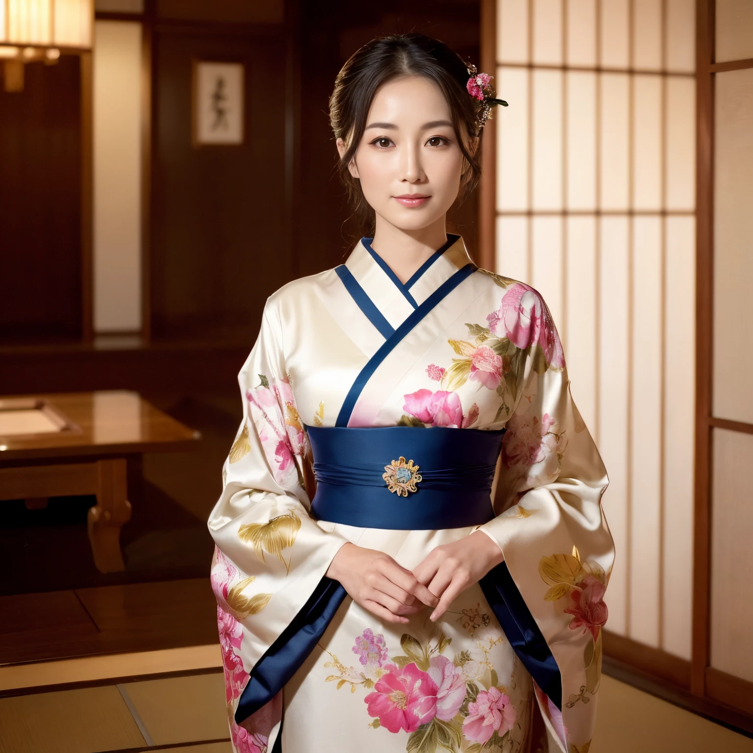 ((Best Quality, masutepiece, 超A high resolution、The most complex and detailed depictions、Bright and vivid))、1人の女性、Wearing a luxurious kimono、Japanese style elegant kimono、Graceful standing、standing elegantly、Bright kimono、Shot from the waist up、Staring at me、Perfect gas chamber、mournful smile、mournful、A detailed face、perfect anatomia、elegantly styled hair、elegant hair pin、natural make up、A detailed face、face perfect、Beautiful fair skin、perfect shiny skin and hair、The background is an elegant Japanese room