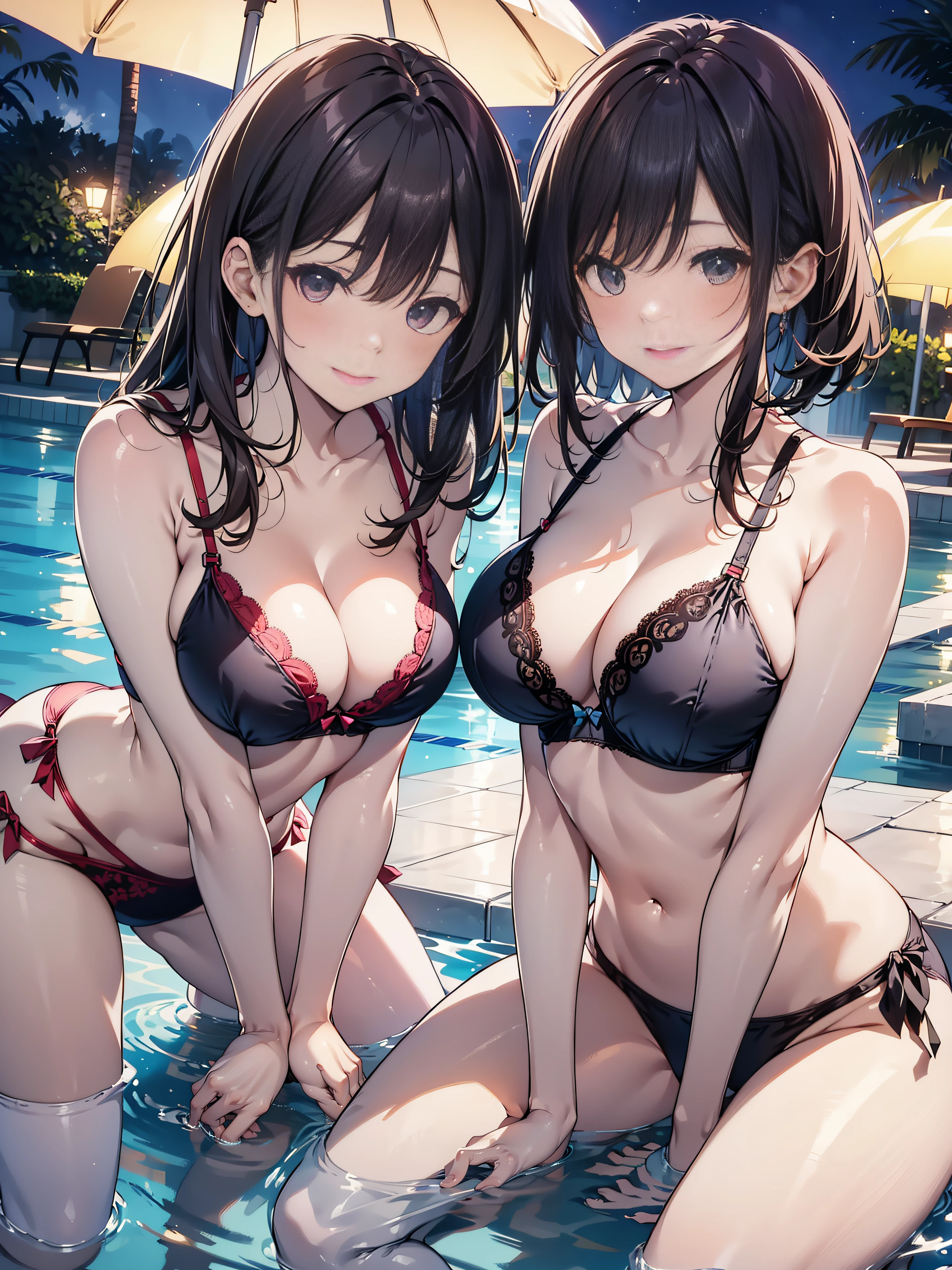 The ultra -The high-definition、high-level image quality、top-quality、Full feet and hands、complete fingers、Beautuful Women1a person、ssmile、gravure idol swimsuit、sprawl、Night Pool、Soft breasts、Shy laughter、sexy pose、(all-fours)、(Sexy lace bra)、Provocation Pose