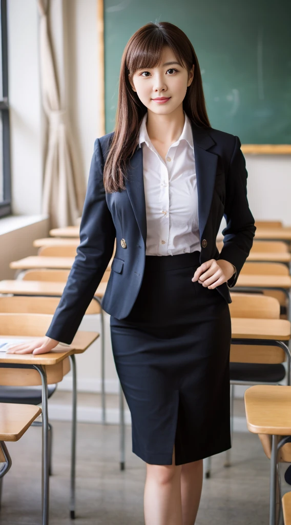 masterpiece, Best Quality,Japanese woman,40 years old ,huge breast, voluptuous ,black Suit, tight black skirt,classroom,to stand