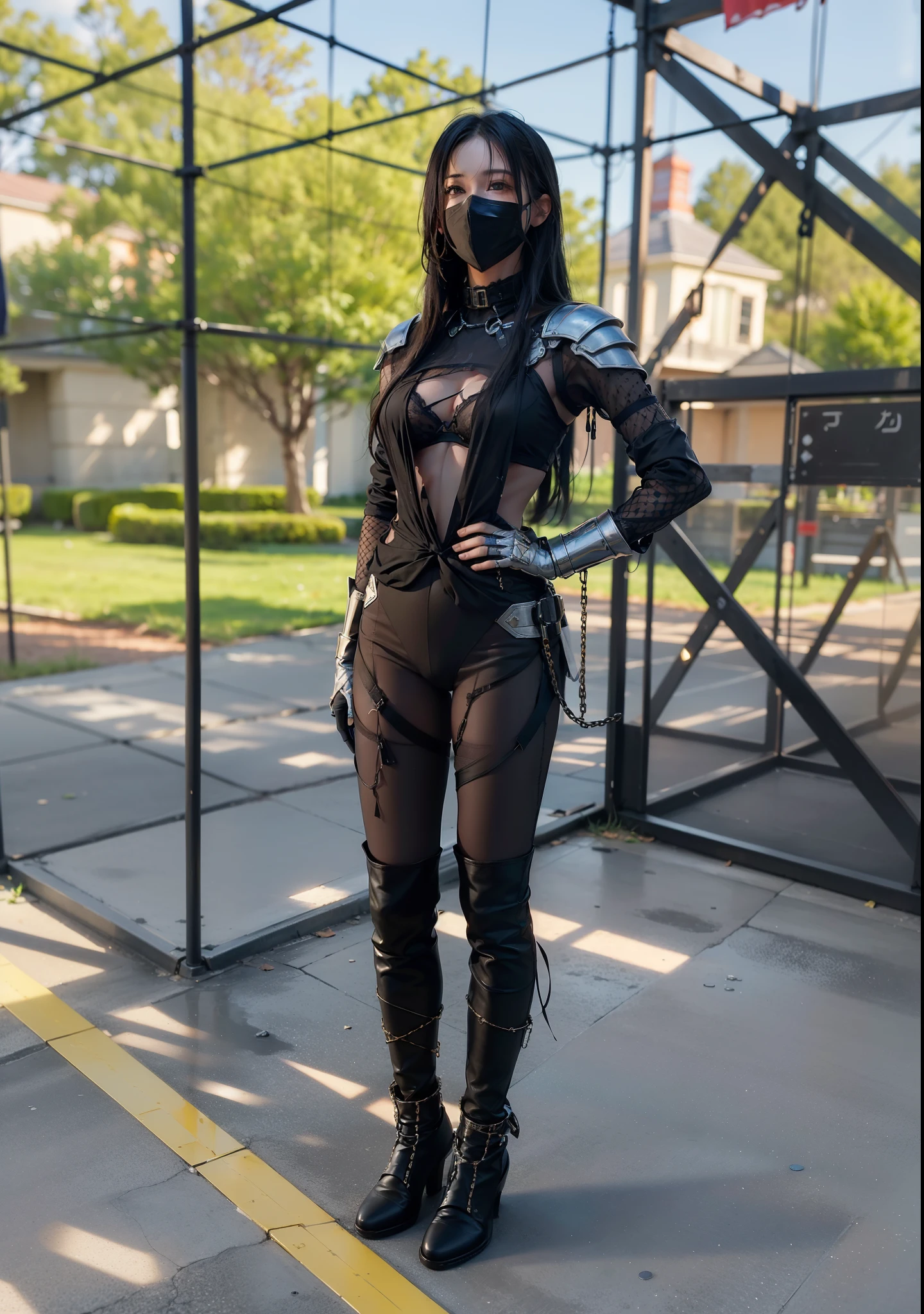((Dress up like a superheroine;Tattered transparent clothes)),(not wearing bra)), Wet crotch, Wet thighs, beuaty girl，Have slim abdominal muscles: 1.4, (((Protruding nipple tip, areola is protruding, The shape of Dantian is clearly visible)), sixpack abs: 1.4, Breast Enlargement Botox, photore, Sharpness, Unique 850 4, Koda850 k portrait camera, f1.6 guns, hyper realistic texture, Spectacular light textures, Cinestil 800 fashion mechanic, (Futuristic sci-fi combat fashion: 1.1), (perfectly tied together with chains), restrained, slaves, collars, ((Sunlight shines、spacious prison)), dark fantacy, Real material details, extremly high detail, surreal material ((Torn costume))), Wet with, Cloudy, (locks)), ((High chain concentration)), ((Chain drilled into crotch)), ( (collars)), (, not wearing bra), Shredded clothes, Broken golden shield and battle spear,, White combat gloves, Combat shoulder armor, (Torn clothes, Clothing that exposes, bloods: 1.3),  tear open cloak, Torn pantyhose, legs long, Metal shackles and shackles, ((Chains hanging from the sky)), Her wet crotch is clearly visible., Swarovski's sword and the anatomy beneath his feet, (Futuristic sci-fi combat fashion, Hole-in fishnet socks),Wearing a mecha mask