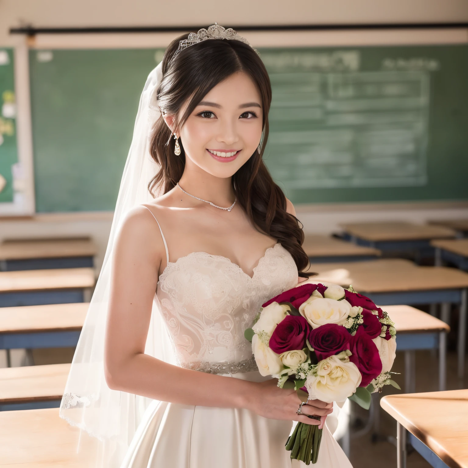 (((Best Quality, masutepiece, 超A high resolution、The most complex and detailed depictions、awardwinning, 8K、发光、vivid、Bright and vivid)))、((1人の女性,1 female)),((((the finest giant wedding dresses、perfect bride、wedding lace、bouquet、)))),((Sitting on a chair in a school classroom、Natural bright lighting,Perfect makeup, Looking at the camera,The most beautiful faces in Japan,adultlike face,gently smiling,Smile,,Faces close,Staring at this、Breasts are big、Tastefully put together hair、Detailed High School Classroom Background,View here,Perfect fingers,face perfect,细致背景,Fair skin,Crystal clear white skin,Perfect fingers,细致背景,top-quality,The ultra -The high-definition,Perfect Anatomy,