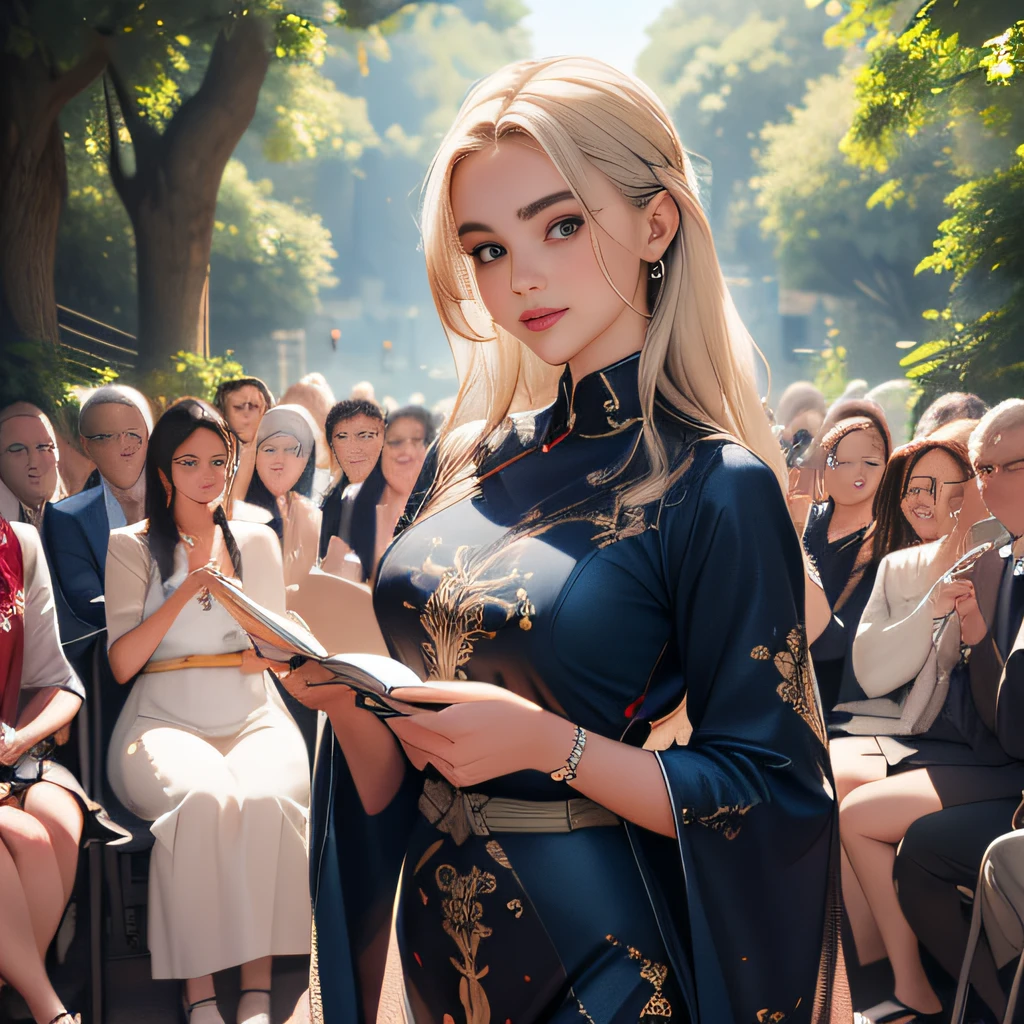 (Extremely detailed 8k wallpaper:2), (photo:2), (soigne Beautiful girl:2), (gives a lecture to friends:2), detailed (Face and eyes), (hyper realistic:1), (highly detailed:1), (epic realistic:1), rim light, (maximum details:1), cozy, (fullbody:1.3), (looking at viewer:2.0), (Woman's Attractive Qualities:2), (Attractive Woman:2), (Attractive:2), Smile, Intelligence, Empathy, Gracefulness, Sense of Style, Fitness, Grooming, Optimism, (Sensitivity:2), Sincerity, Romantic Gestures, Playfulness, Fashion Sense, (Sensuality:2), Charm, Modesty, Thoughtfulness, (Femininity:1), Flirtatiousness, Warmth, (Physical attractiveness:2), A beautiful smile, A love of life, strength and power, vulnerability, curiosity, wonder, love, (nature background:2), kawaii, waifu, Beautiful breasts, (attractive body:2), (Beautiful body:2), Beautiful pose, attractive pose, (Beautiful legs:1.0), (spread legs:1.0), (Beautiful clothes:1), (classic clothes:2), (elegant clothes:2), (European clothes:2), detailed clothes, (skirt:1), (blouse:1), (provocative pose)
