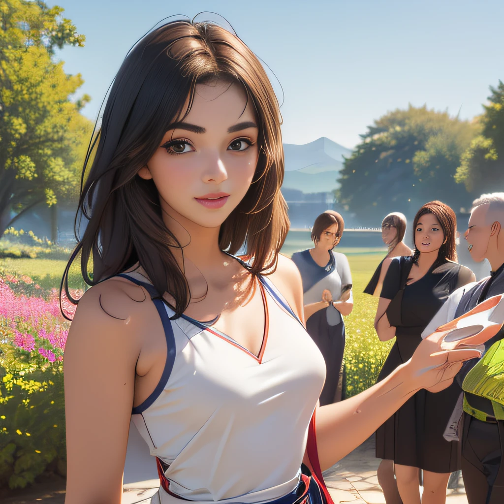 (Extremely detailed 8k wallpaper:2), (photo:2), (soigne Beautiful girl:2), (gives a lecture to friends:2), detailed (Face and eyes), (hyper realistic:1), (highly detailed:1), (epic realistic:1), rim light, (maximum details:1), cozy, (fullbody:1.3), (looking at viewer:2.0), (Woman's Attractive Qualities:2), (Attractive Woman:2), (Attractive:2), Smile, Intelligence, Empathy, Gracefulness, Sense of Style, Fitness, Grooming, Optimism, (Sensitivity:2), Sincerity, Romantic Gestures, Playfulness, Fashion Sense, (Sensuality:2), Charm, Modesty, Thoughtfulness, (Femininity:1), Flirtatiousness, Warmth, (Physical attractiveness:2), A beautiful smile, A love of life, strength and power, vulnerability, curiosity, wonder, love, (nature background:2), kawaii, waifu, Beautiful breasts, (attractive body:2), (Beautiful body:2), Beautiful pose, attractive pose, (Beautiful legs:1.0), (spread legs:1.0), (Beautiful clothes:1), (classic clothes:2), (elegant clothes:2), (European clothes:2), detailed clothes, (skirt:1), (blouse:1), (provocative pose)