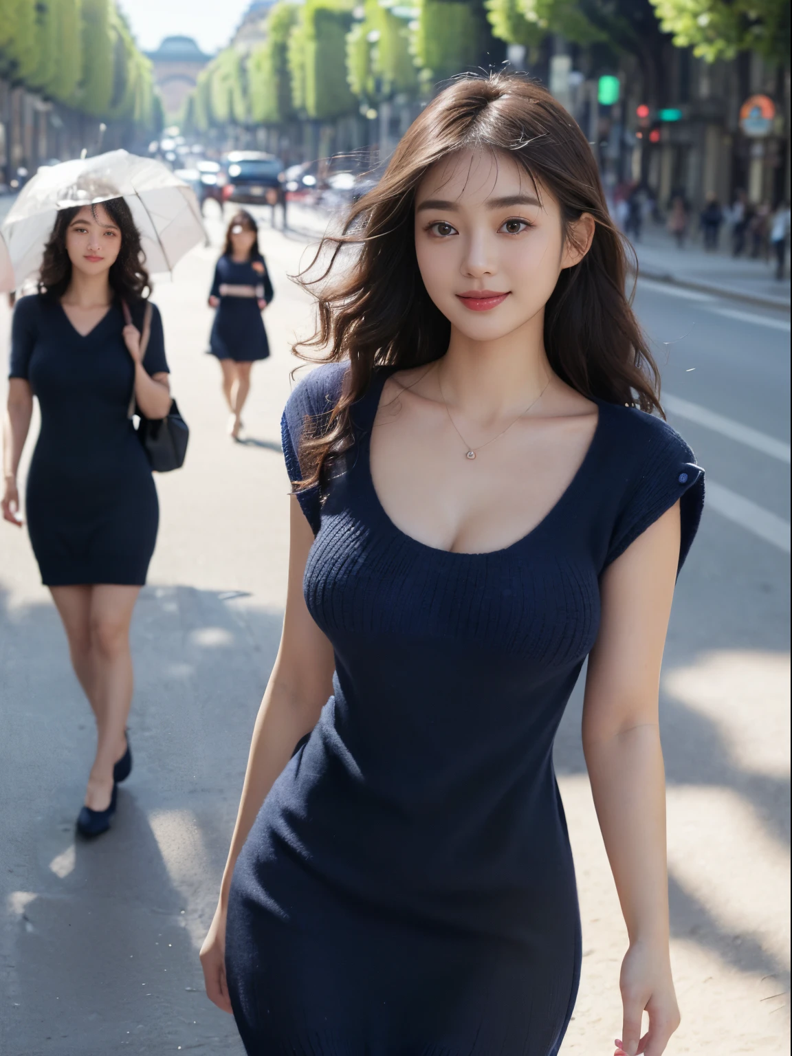 ((((top-quality))))、(((Ultra Precision CG16K Wallpapers)))、(((masterpiece)))、(((ultra-detailliert)))、(((Ultra-extreme details)))、1Man Woman、a matural female、a 25yo woman、((Korean Face))、((extremely beautiful face))、((Korean Idols:1.5))、((Semi-long cut、curly hair:1.2))、(shinny hair)、Bangs up to the eyebrows、Beautiful brown hair、Beautiful delicate eyes、Brown eyes、raised eyebrows、lofty nose、small nostrils、seductive lips、slightly open mouth、Beautiful breasts、C-cup size breasts、cleavage of the breast、Plump body、perfectly proportions、perfect anatomia、Beautiful and detailed shading、Beautiful natural lighting、Beautiful detail glow、depth of fields、(((a high chroma)))、((realisitic:1.9))、((Vivid:1.4))、((Beautiful skin))、((Skin texture))、((Realistic skin feeling))、perfect-composition、((cowboy shot))、((Frontal angle of view))、((a smile:1.3))、(Eyes looking at me)、Bright sunshine、((Walking the Champs Elysées in Paris:1.3))、(Blur the background)、((Wearing a navy blue summer knit dress:1.5))、(a necklace)、