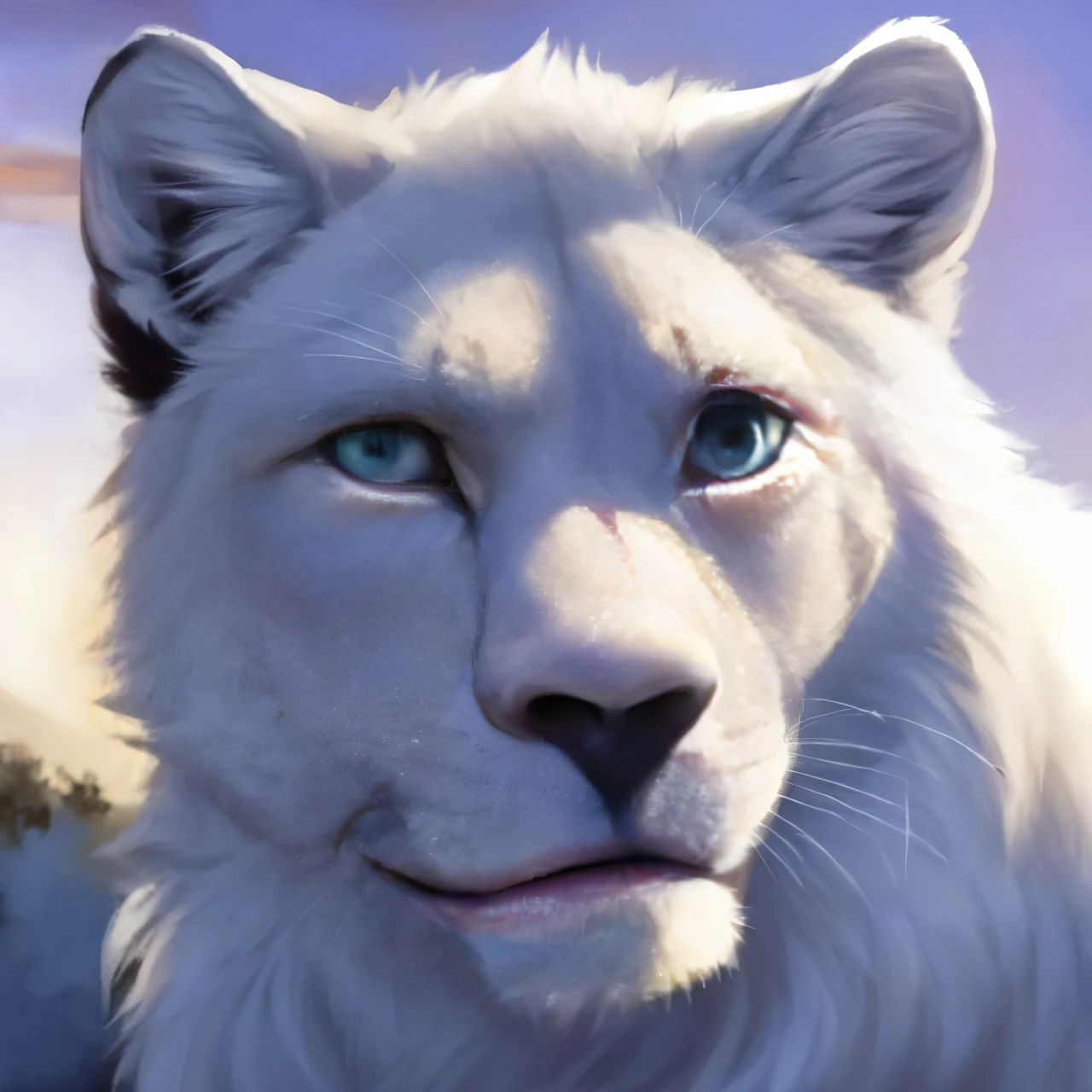 (best quality,ultra-detailed,realistic),portrait,white wolf,green eyes,black cat ears fur,lion snout,white face,black nose,looking pov,head on,serious face,basic background,vivid colors,soft lighting