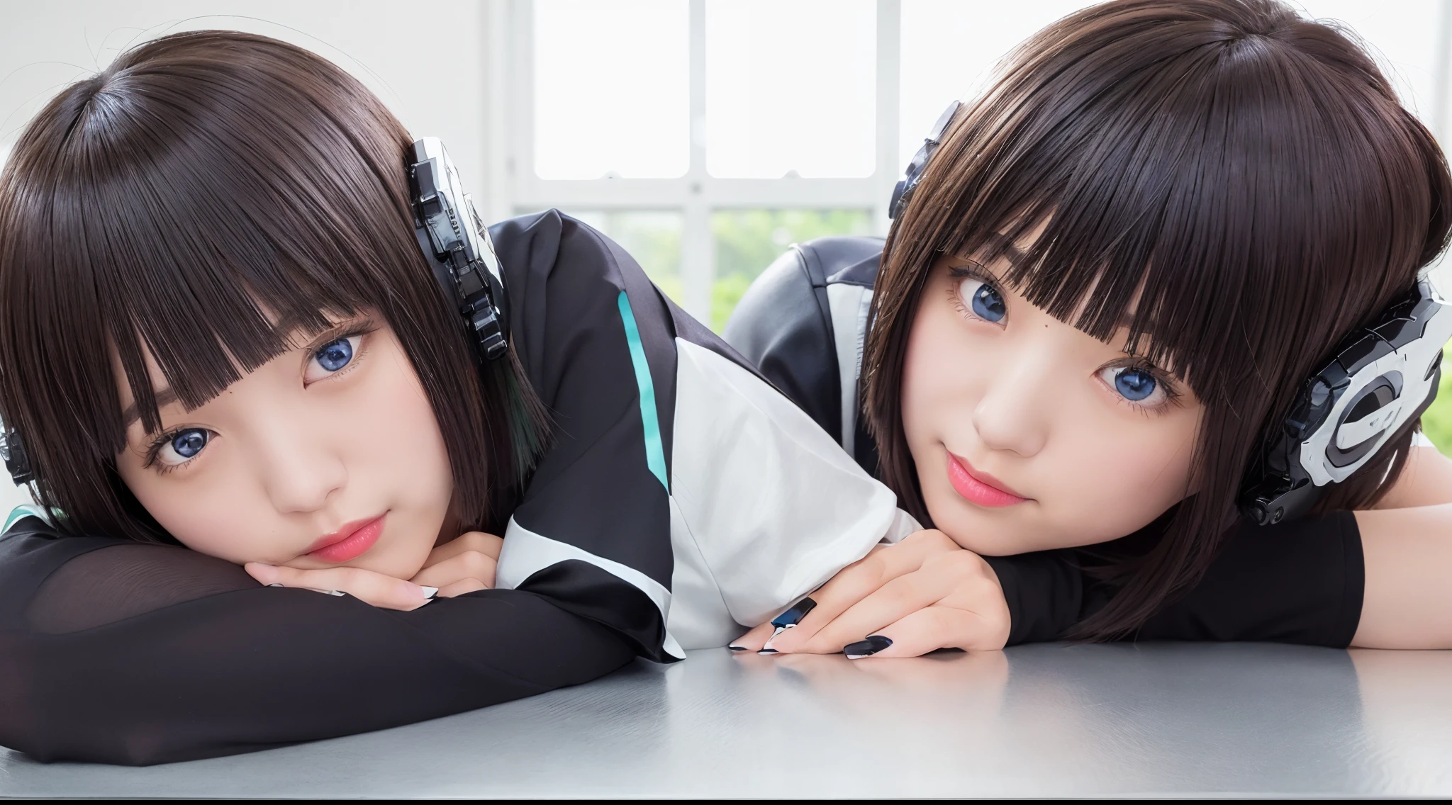 two beautiful young women hugging each other in a studio shot stock photo, two girls, two beautiful women in love, woman holding another woman, beautiful gemini twins portrait, one blonde and one brunette, lesbian embrace, cute girls, lesbians, two women, two models in the frame, portrait of women embracing, beautiful gemini twins, young girls, 2girl, twin, hug each other, two same girl, selfcest, twins, izu, izu_uniform, humagear, humagear_headset, headphone, realistic, skirt, jacket, solo, sitting, best quality, photorealistic, masterpiece, 8k, high res, solo, (((woman))), (very breast), ((looking at the viewer with face)), (looking at the camera:1), (short hair), bob hair, (professional lighting, bokeh),top angle view, extremely detailed face, fashionable and trendy atmosphere, japan, street, tokyo, factory, ((daytime)), (portrait:0.6),  smile, lustfull smile, gorgeous, floating hair, (light particles, lens flare, glowing particles:0.6), (dynamic pose:1.2), soft lighting, black hair, full body, lust smile, camera, blue eye, pantyhose, black nail