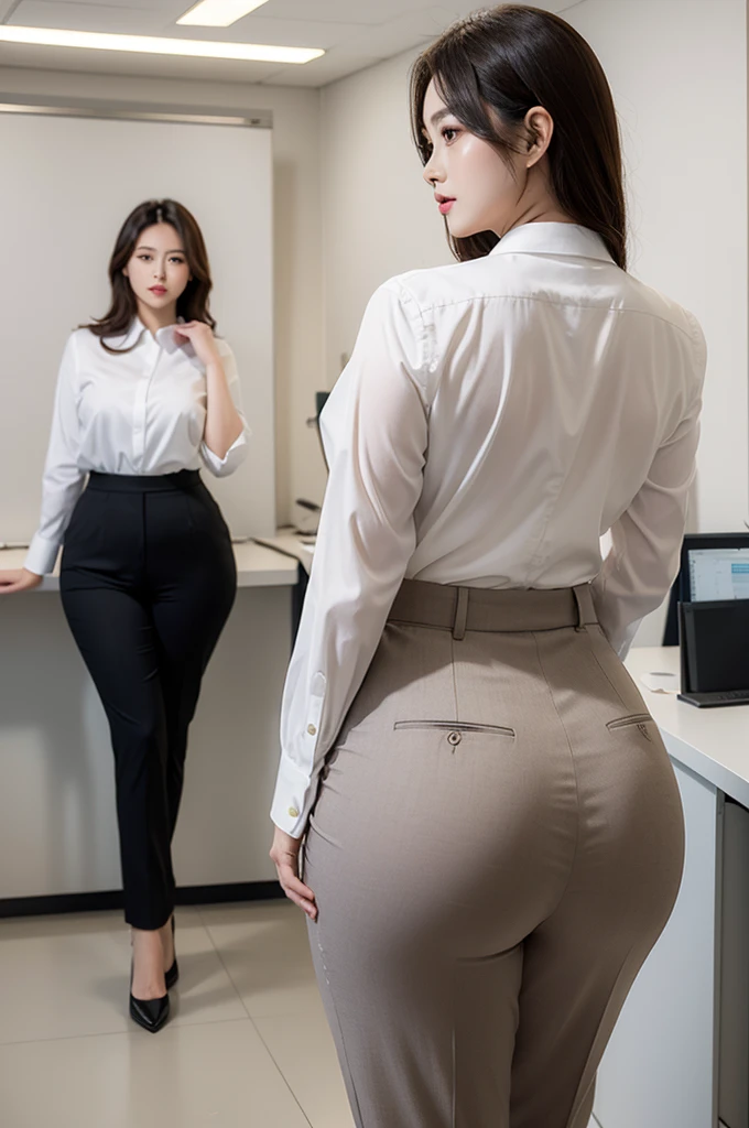 Super Beautiful Office Lady、Plump ass、Y shirt、Suit pants、Portrait、posterior view、(((top-quality, masterpiece))), (((ighly detailed)))
