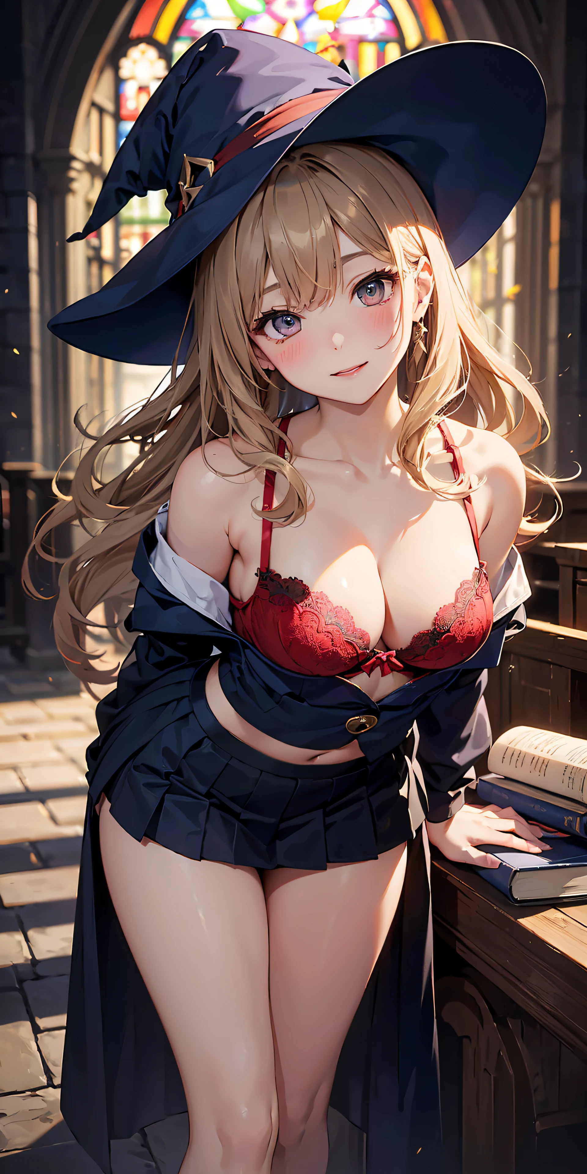 Adult Woman, Sexy Witch Cosplay, Long dark blonde wavy hair、off-shoulder knit, (darkblue pleated skirt), Medium milk, Blushing, Shy laughter, Bare shoulders、(Pose to lean forward and emphasize the chest)、(turned around)、sexy hips、puffy exy red bra、Red lace panties、Black High Heels、Luxurious magic wand and book、Church of the castle、sexy pose、(((The skirt is rolled up by the wind)))、((buttocks visible))、((embarassed expression))