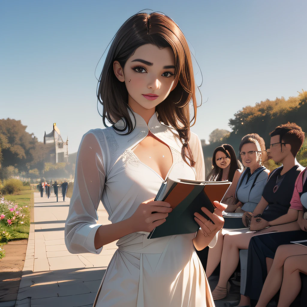 (Extremely detailed 8k wallpaper:2), (photo:2), (soigne Beautiful girl:2), (gives a lecture to friends:2), detailed (Face and eyes), (hyper realistic:1), (highly detailed:1), (epic realistic:1), rim light, (maximum details:1), cozy, (fullbody:1.3), (looking at viewer:2.0), (Woman's Attractive Qualities:2), (Attractive Woman:2), (Attractive:2), Smile, Intelligence, Empathy, Gracefulness, Sense of Style, Fitness, Grooming, Optimism, (Sensitivity:2), Sincerity, Romantic Gestures, Playfulness, Fashion Sense, (Sensuality:2), Charm, Modesty, Thoughtfulness, (Femininity:1), Flirtatiousness, Warmth, (Physical attractiveness:2), A beautiful smile, A love of life, strength and power, vulnerability, curiosity, wonder, love, (nature background:2), kawaii, waifu, Beautiful breasts, (attractive body:2), (Beautiful body:2), Beautiful pose, attractive pose, (Beautiful legs:1.0), (spread legs:1.0), (Beautiful clothes:1), (classic clothes:2), (elegant clothes:2), (European clothes:2), detailed clothes, (skirt:1), (blouse:1), (provocative pose)