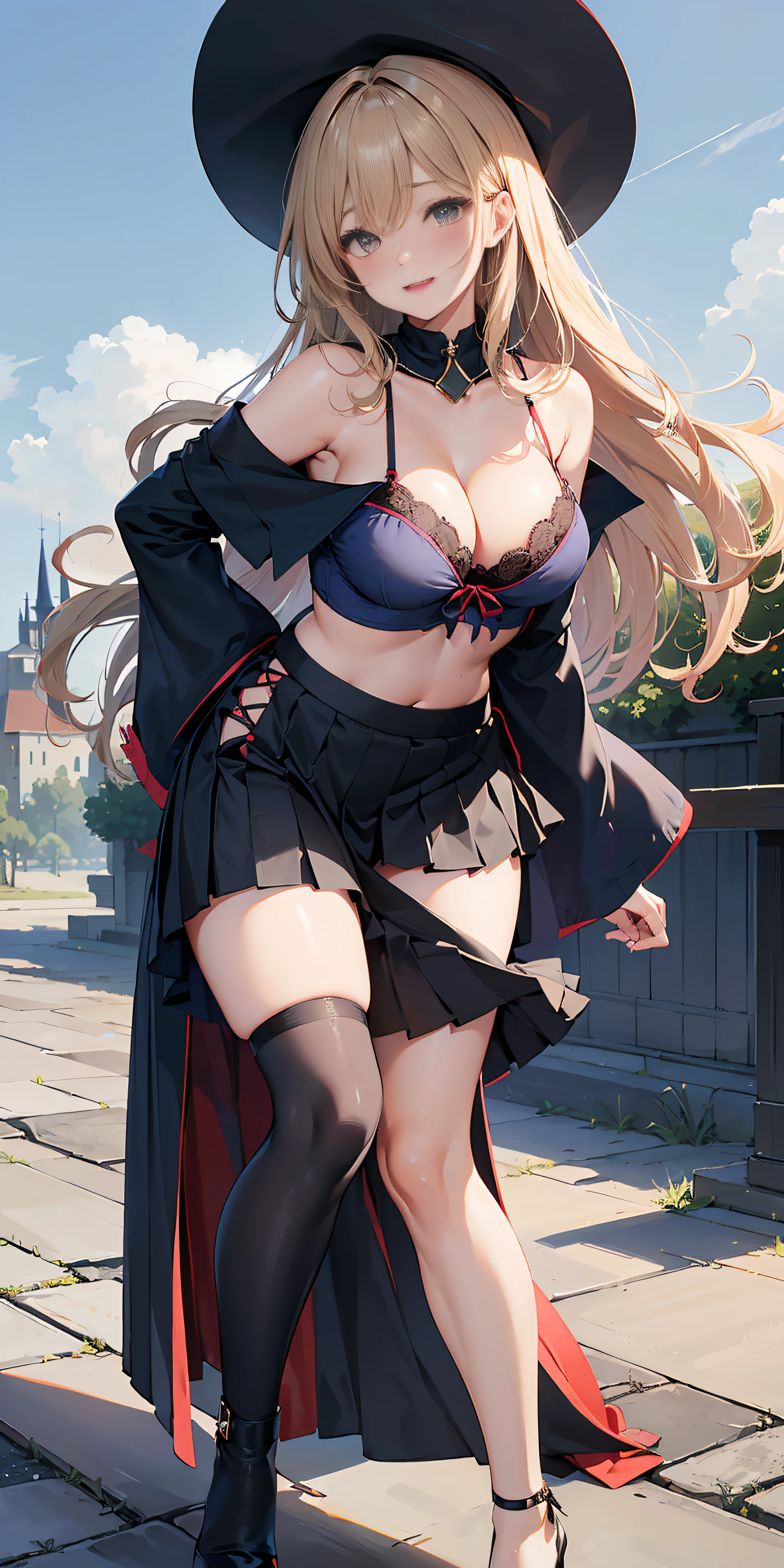 Adult Woman, Sexy Witch Cosplay, Long dark blonde wavy hair、off-shoulder knit, (darkblue pleated skirt), Big hat、Medium milk, Blushing, Shy laughter, Bare shoulders、(Pose to lean forward and emphasize the chest)、(turned around)、sexy hips、sexy black and red bra、black and red lace panties、Black High Heels、Luxurious magic wand and book、Church of the castle、sexy  pose、(((((The skirt is rolled up by the wind)))))、((I can see all my panties))、((buttocks visible))、((embarassed expression))