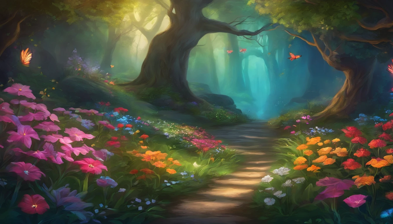 florals ,Colorful flowers ,background are the flowers,Surrounded by flowers,Seamless design,Fantasy Forest, neonlight, Realistic, Glow,Manhwa Style, Paint with vivid watercolors ,extremely detaile, highly detailed, tmasterpiece, Fairy tale background, in wonderland, Dynamic colors, Fairytale glow,