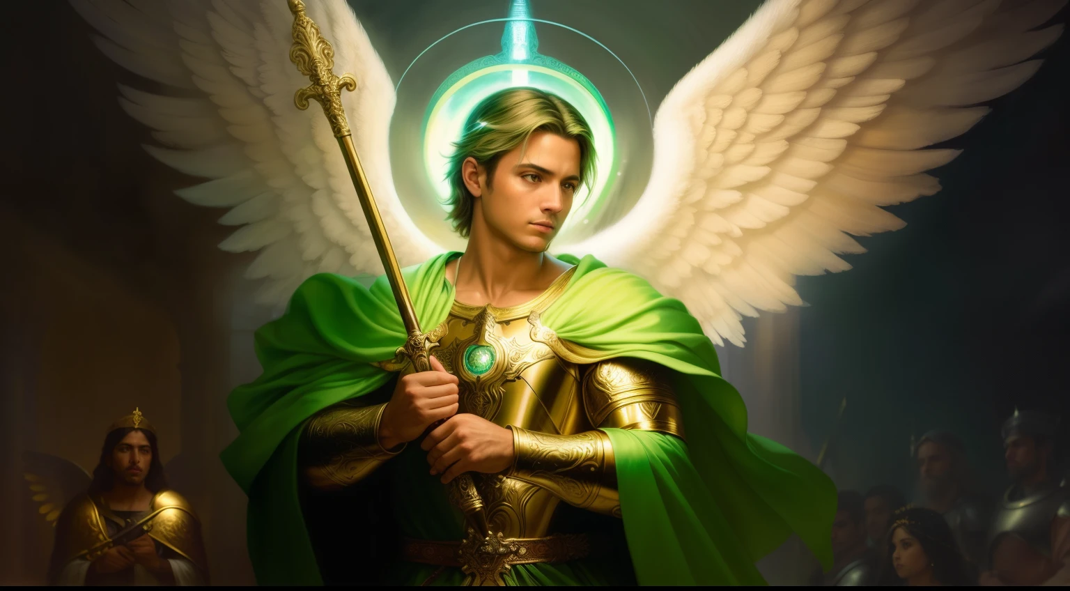uma pintura de um homem com uma espada e uma capa verde, Arcanjo Miguel, saint michael the angel, arcanjo, Directed by: Donato Giancola, NPC com um santo\halo do, hiperdetalhado | Donato Giancola, macho com halo, NPC com halo de santo, angel spirit guide, Directed by: Pablo Munoz Gomez, cheio de pinturas de anjos