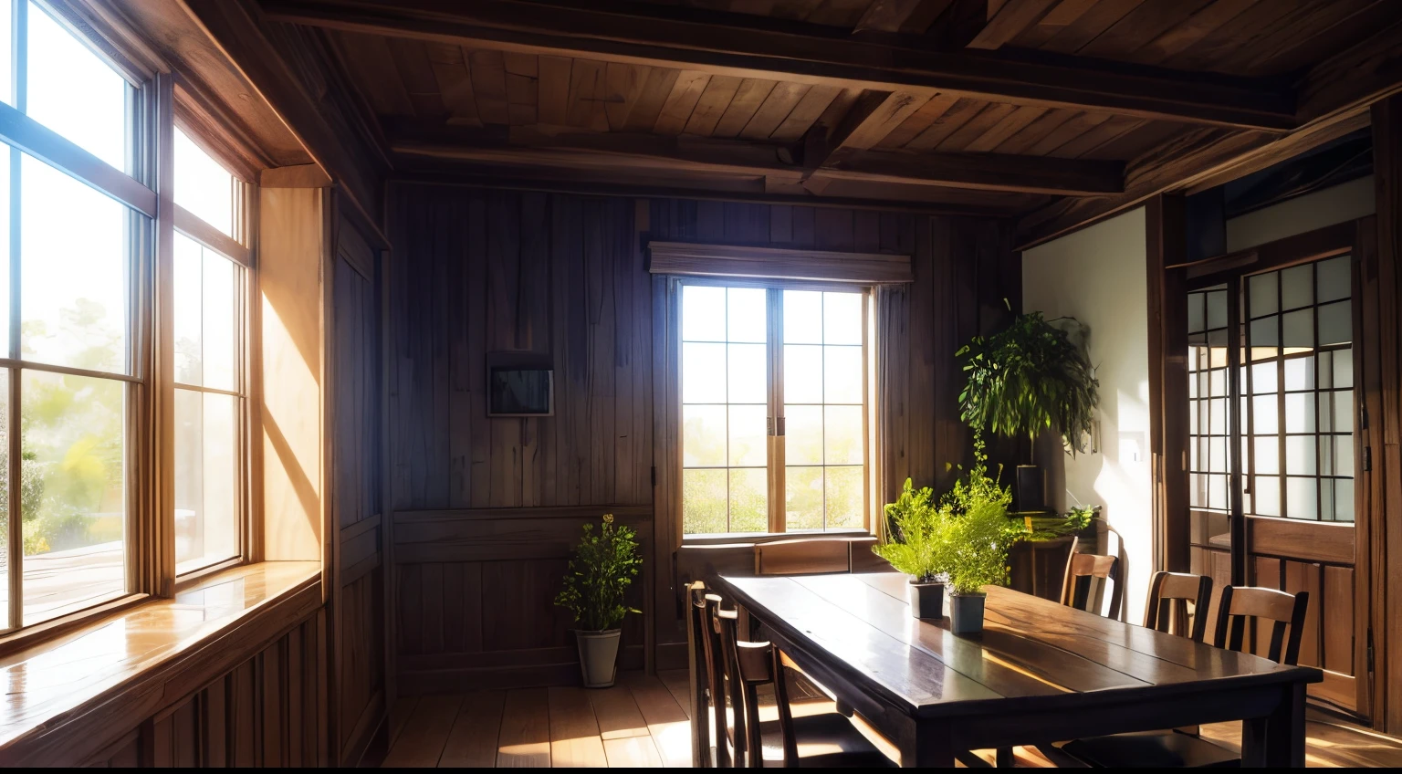 An empty wooden room bathed in natural light streaming in from a window at the back. The room features dark wooden walls and a table adorned with plants.