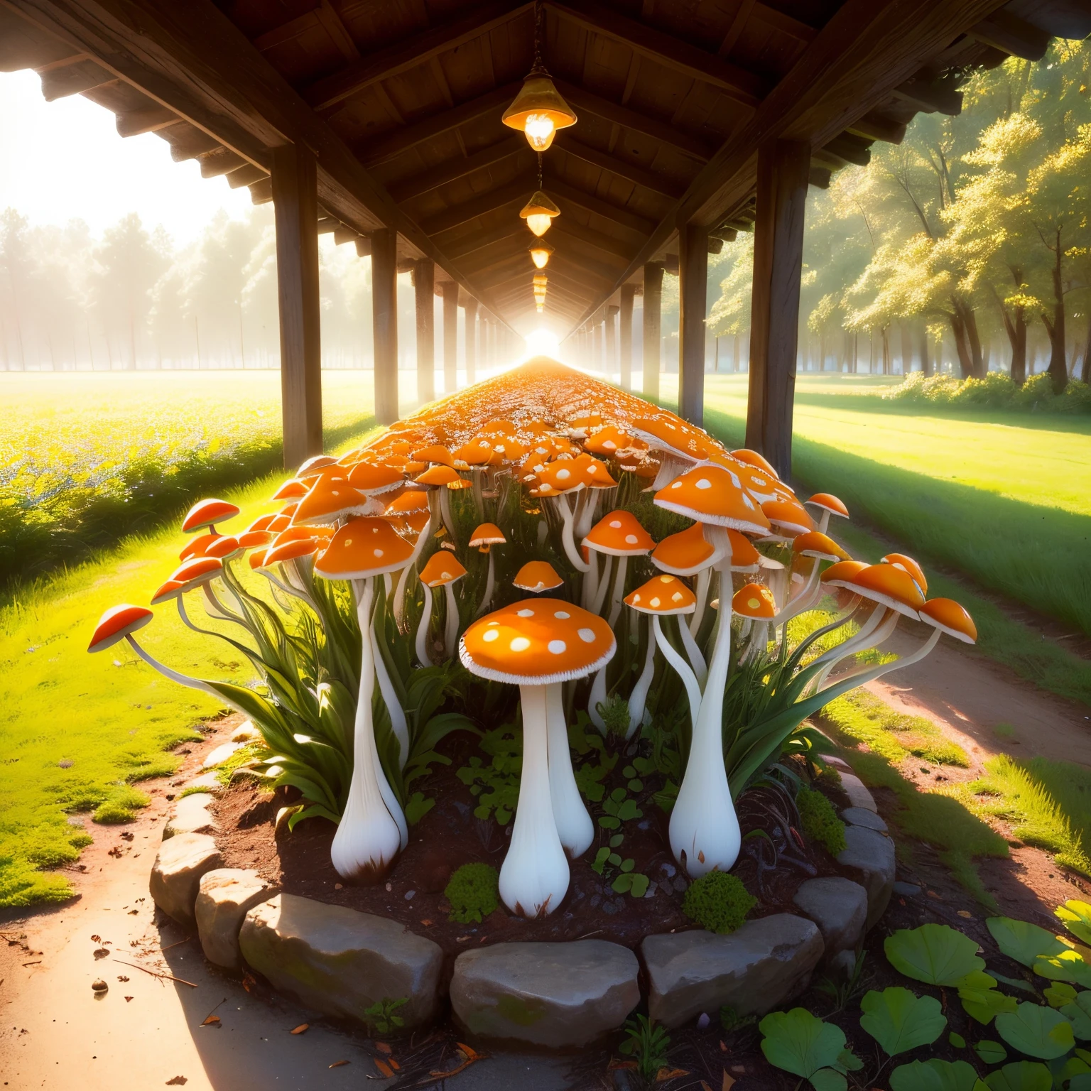 A group of glossy brightly-colored mushrooms glistening in soft light