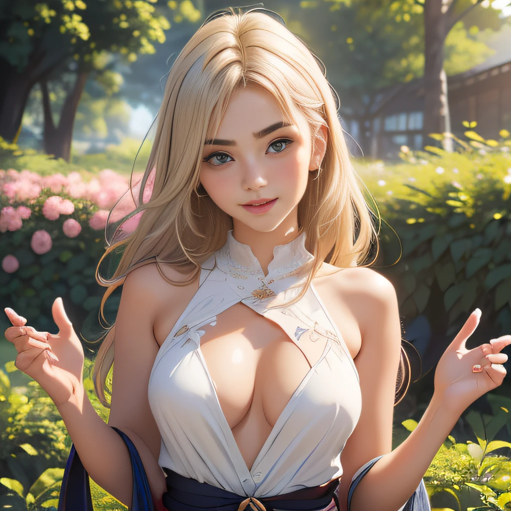 (Extremely detailed 8k wallpaper:2), (photo:2), (soigne Beautiful girl:2), (gives a lecture to friends:2), detailed (Face and eyes), (hyper realistic:1), (highly detailed:1), (epic realistic:1), rim light, (maximum details:1), cozy, (fullbody:1.3), (looking at viewer:2.0), (Woman's Attractive Qualities:2), (Attractive Woman:2), (Attractive:2), Smile, Intelligence, Empathy, Gracefulness, Sense of Style, Fitness, Grooming, Optimism, (Sensitivity:2), Sincerity, Romantic Gestures, Playfulness, Fashion Sense, (Sensuality:2), Charm, Modesty, Thoughtfulness, (Femininity:1), Flirtatiousness, Warmth, (Physical attractiveness:2), A beautiful smile, A love of life, strength and power, vulnerability, curiosity, wonder, love, (nature background:2), kawaii, waifu, Beautiful breasts, (attractive body:2), (Beautiful body:2), Beautiful pose, attractive pose, (Beautiful legs:1.0), (spread legs:1.0), (Beautiful clothes:1), (classic clothes:2), (elegant clothes:2), (European clothes:2), detailed clothes, (skirt:1), (blouse:1), (provocative pose)