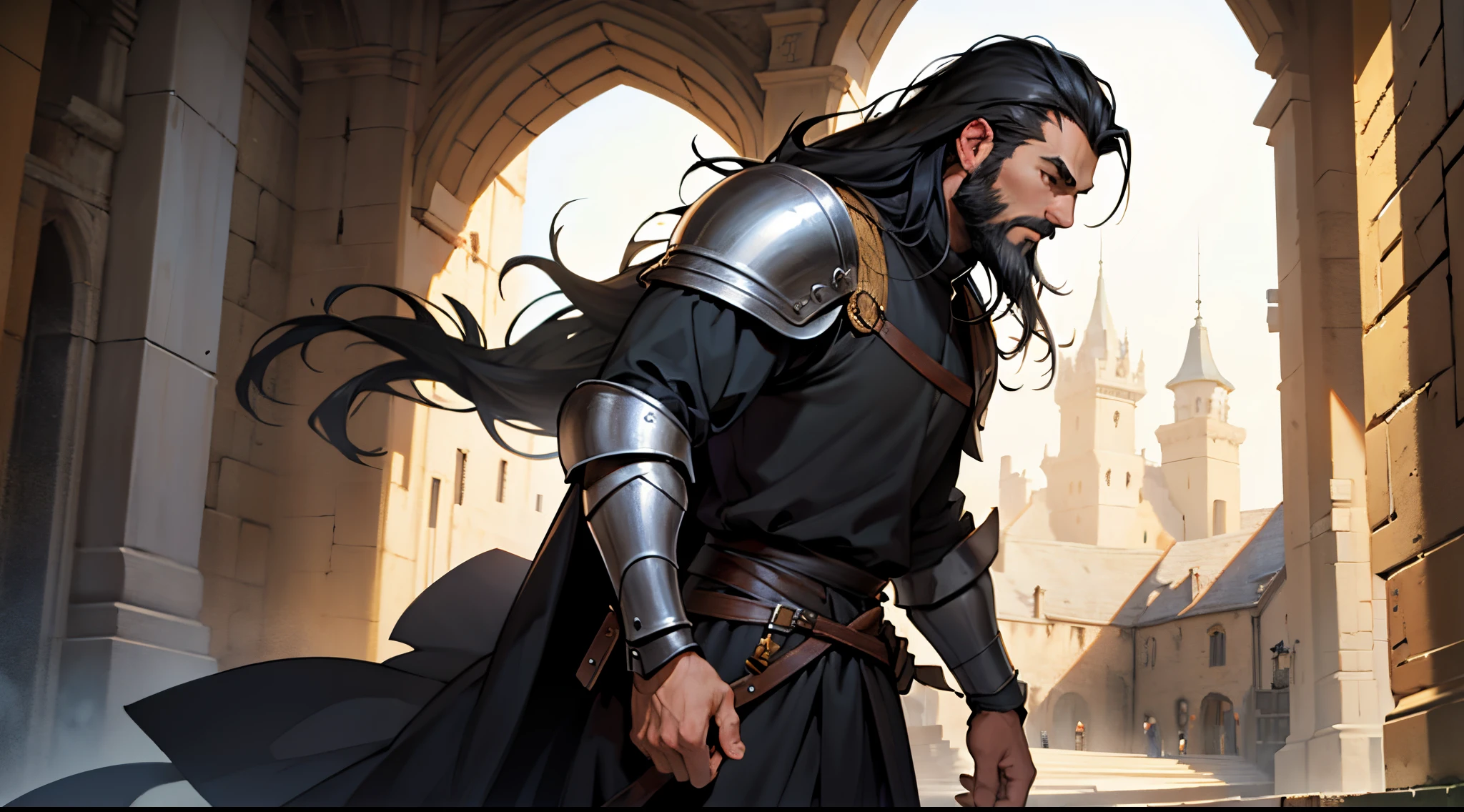 1 Man solo, he has a short black beard and he has long black flowing hair. he is Wearing medieval armor
