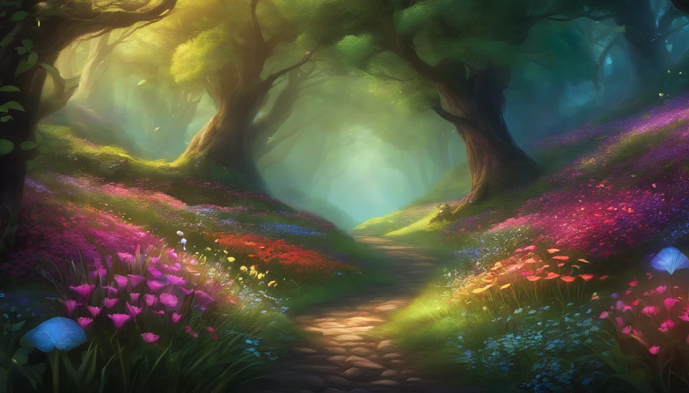 florals ,Colorful flowers ,background are the flowers,Surrounded by flowers,Seamless design,Fantasy Forest, neonlight, Realistic, Glow,Manhwa Style, Paint with vivid watercolors ,extremely detaile, highly detailed, tmasterpiece, Fairy tale background, in wonderland, Dynamic colors, Fairytale glow,