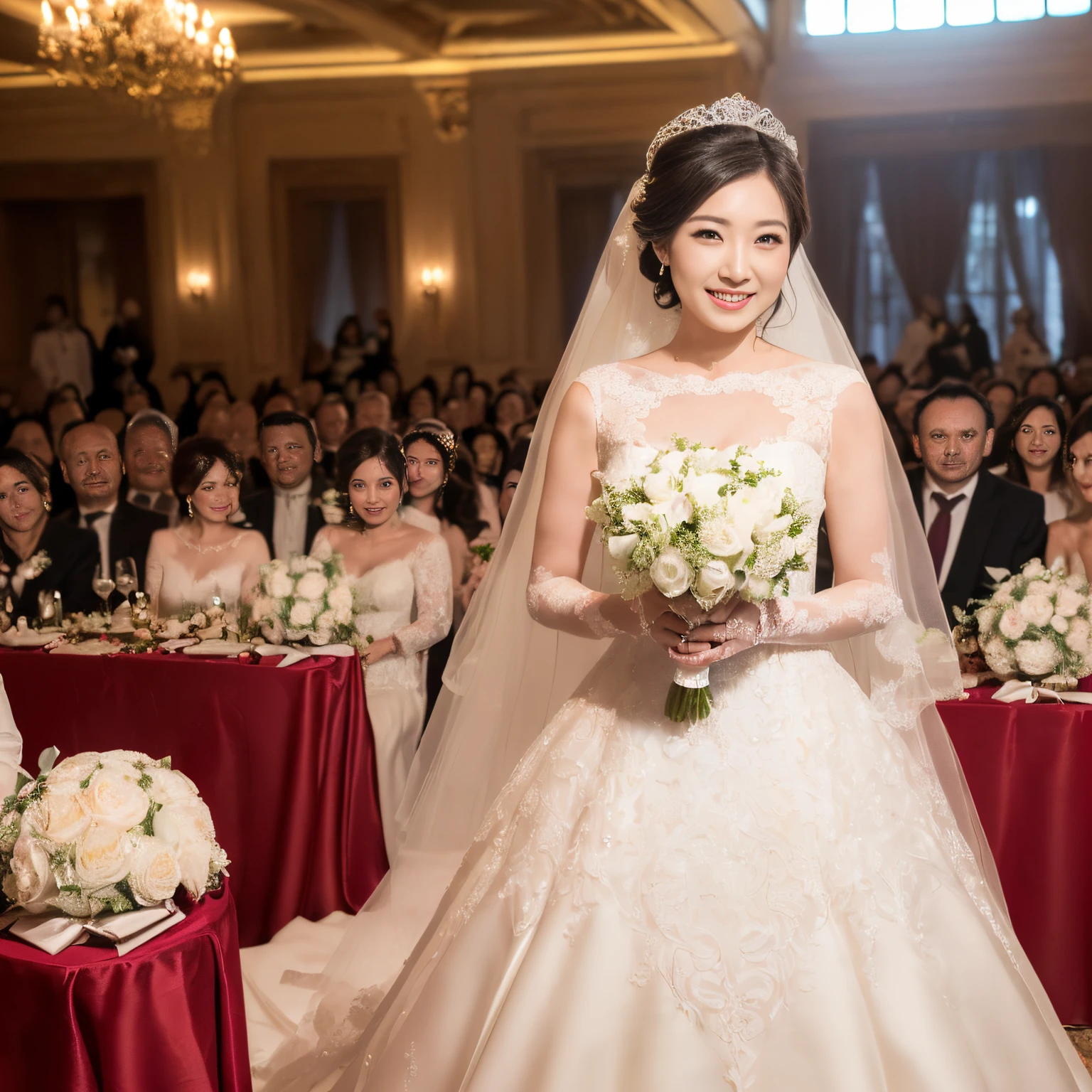 (((masutepiece、top-quality、Top image quality、in 8K、Award-Winning Works、发光、High brightness、Very bright natural light)))、(((1人の女性,Old face、A MILF、Wrinkles on the face、Wrinkles at the corners of the eyes、The best smile with smile lines、the finest giant wedding dresses、perfect bride、the most gorgeous pure white wedding dress、sparkling white wedding dress、Big breasts that are about to burst、wedding dress with intricate jewels、Huge Wedding Dresses、most luxurious bridal dresses、big wedding lace、Tastefully put together hair、is standing、The background is a large wedding hall)))、((one giant wedding cake、very intricately decorated wedding cake、very big wedding、Grand Wedding、Large number of attendees、celebrated by many people、Grand Wedding、take a photo of her whole body、View me、smile your best smile)