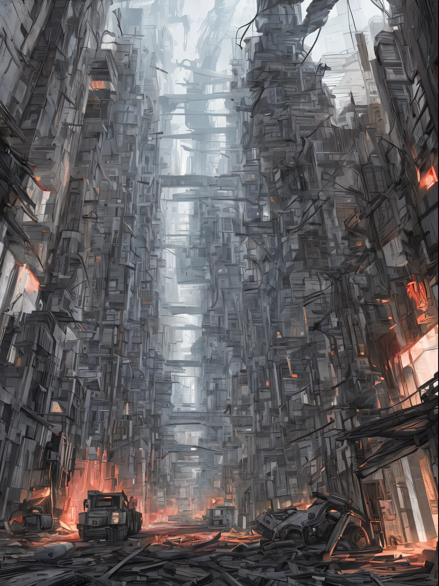 semi realistic, cityscape, perspective, towers, multiple building, (alleyway), power lines, night, (extremely detailed wallpaper:1.3)
BREAK
nihei tsutomu, Blame!, scenery, (geometric cityscape, ruined cityscape), inside, rubble, apartment complex, abandoned city, (symmetric, cyberpunk), smoke, dust, detailed, illustration, digital painting, (no people, no humans),