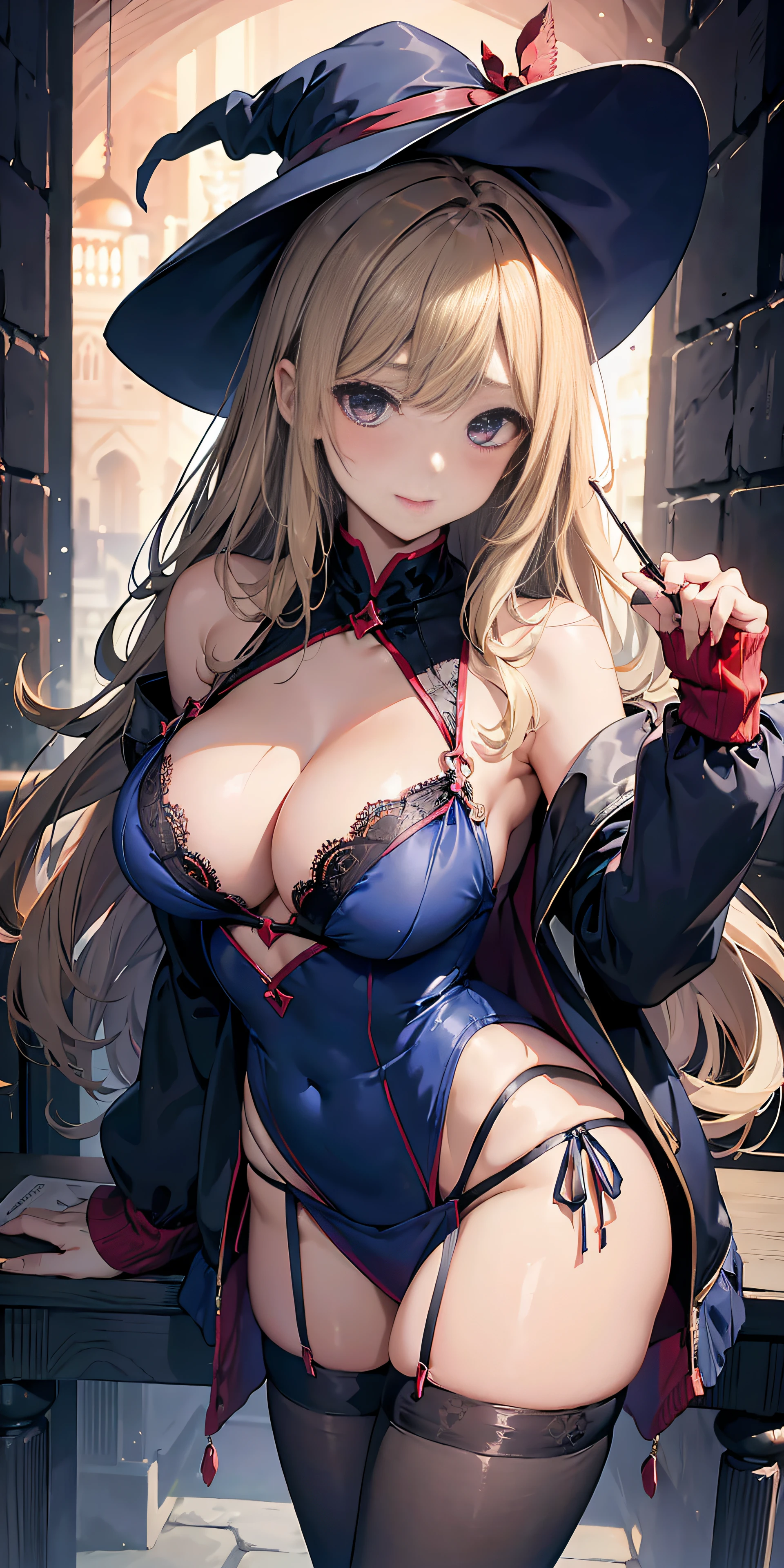 Adult Woman, Sexy Witch Cosplay, Long dark blonde wavy hair、jaket、off-shoulder knit, (Pencil Skirt), Big hat、Medium milk, Blushing, Shy laughter, Bare shoulders、(Pose to lean forward and emphasize the chest)、(turned around)、sexy hips、((dark blue and red lace panties))、Red high heels、Luxurious magic wand and book、Church of the castle、sexy pose、((I can see all my panties))、((buttocks visible))、((embarassed expression))