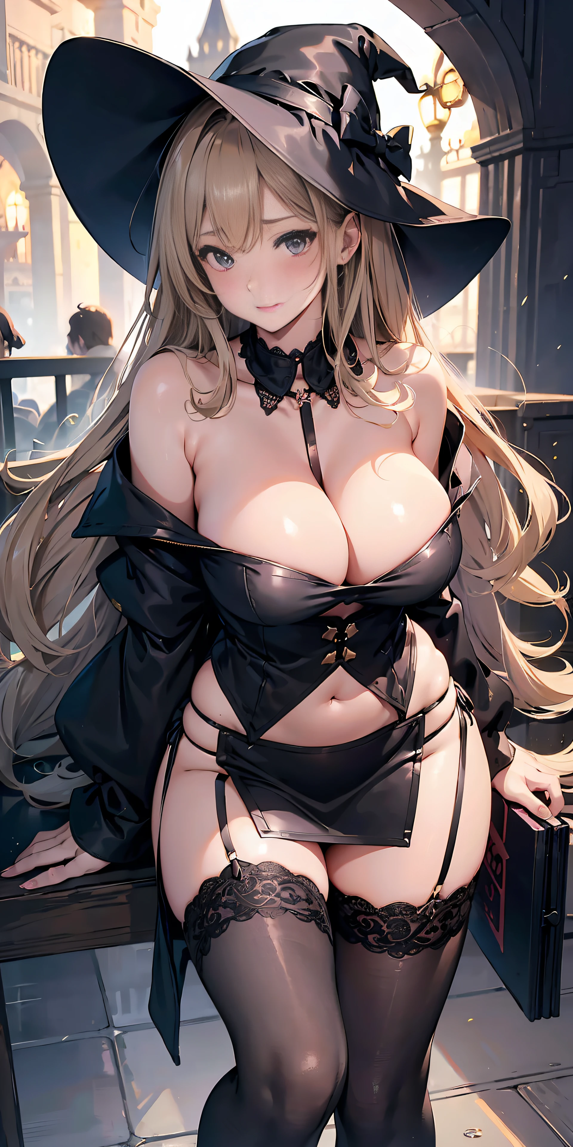 Adult Woman, Sexy Witch Cosplay, Long dark blonde wavy hair、jaket、off-shoulder knit, (pencil skirts), Big hat、Medium milk, Blushing, Shy laughter, Bare shoulders、(Pose to lean forward and emphasize the chest)、(turned around)、sexy hips、((Black lace panties))、Red high heels、Luxurious magic wand and book、Church of the castle、sexy  pose、((I can see all my panties))、((buttocks visible))、((embarassed expression))