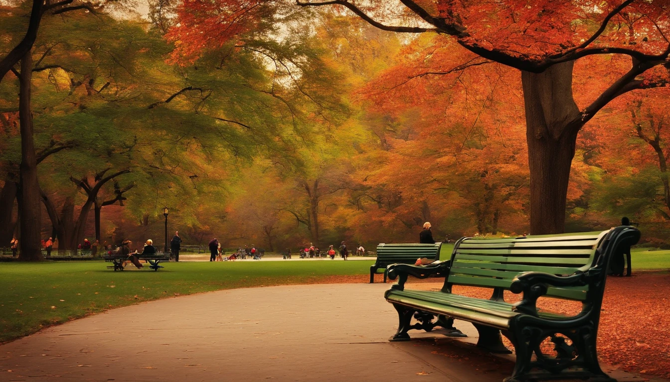 central park new york, day, a park bench in the foreground