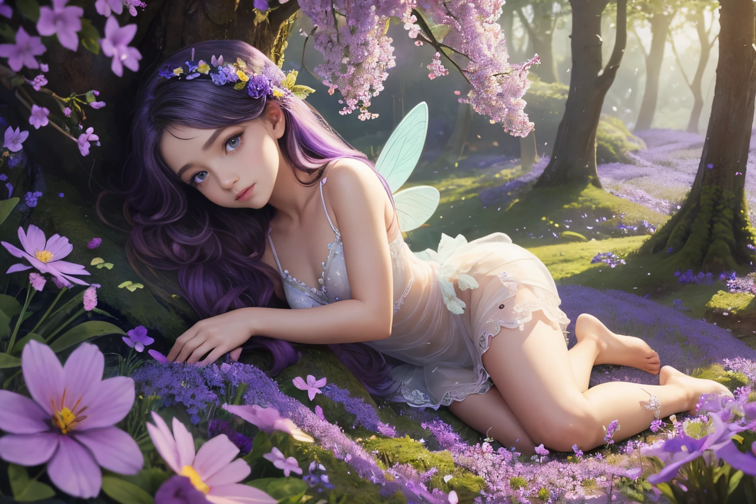 a small fairy resting under a violet flower, playing with bees,illustration,full body wide shot,ultra-detailed,beautiful detailed eyes,beautiful detailed lips,extremely detailed eyes and face,full body, long eyelashes,forest background,bright and vibrant colors,soft lighting