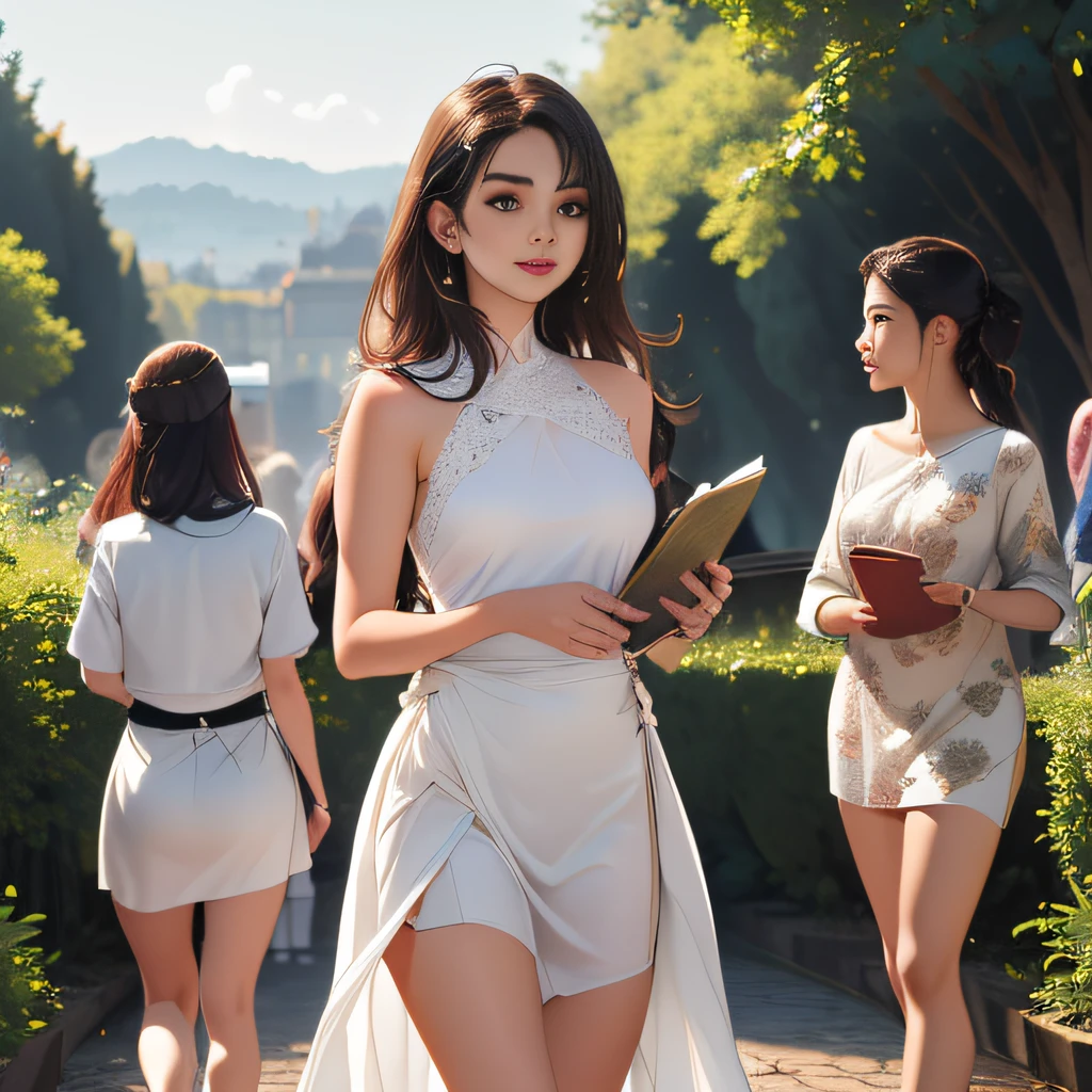 (Extremely detailed 8k wallpaper:2), (photo:2), (soigne Beautiful girl:2), (gives a lecture to friends:2), detailed (Face and eyes), (hyper realistic:1), (highly detailed:1), (epic realistic:1), rim light, (maximum details:1), cozy, (fullbody:1.3), (looking at viewer:2), (Woman's Attractive Qualities:2), (Attractive Woman:2), (Attractive:2), Smile, Intelligence, Empathy, Gracefulness, Sense of Style, Fitness, Grooming, Optimism, (Sensitivity:2), Sincerity, Romantic Gestures, Playfulness, Fashion Sense, (Sensuality:2), Charm, Modesty, Thoughtfulness, (Femininity:1), Flirtatiousness, Warmth, (Physical attractiveness:2), A beautiful smile, A love of life, strength and power, vulnerability, curiosity, wonder, love, (nature background:2), kawaii, waifu, Beautiful breasts, (attractive body:2), (Beautiful body:2), Beautiful pose, attractive pose, (Beautiful legs:1.0), (spread legs:1.0), (Beautiful clothes:1), (classic clothes:2), (elegant clothes:2), (European clothes:2), detailed clothes, (skirt:1), (blouse:1), (provocative pose)