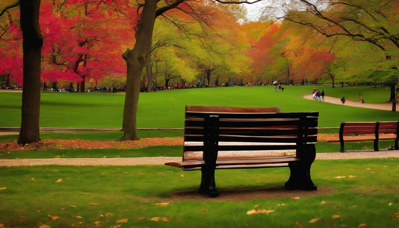 central park new york, day, a park bench in the foreground