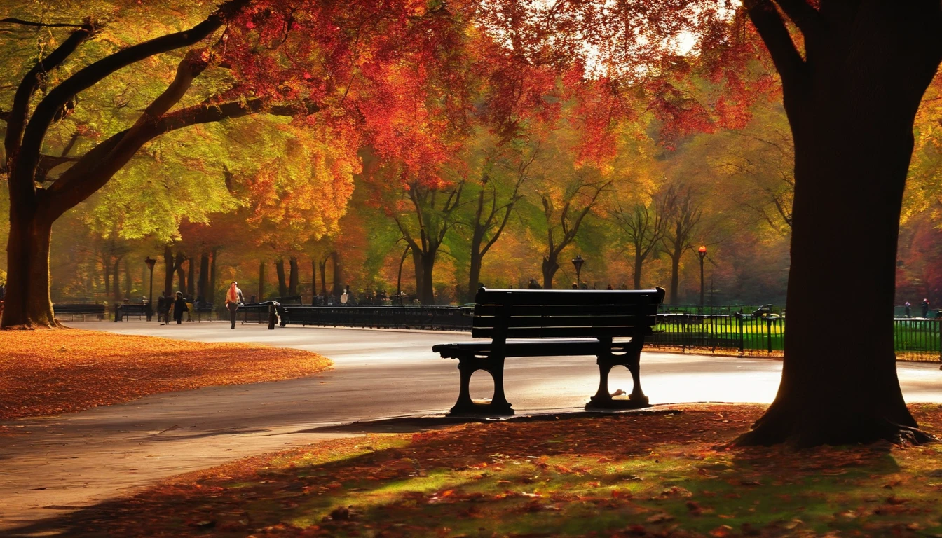 central park new york, day, a park bench in the foreground