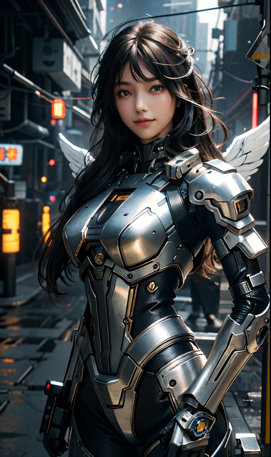 masterpiece,(bestquality),highlydetailed,ultra-detailed,1girl,(mechanicalwings:golden,glowingeyes:blue,silverarmor:1.2,elongatedears:0.8),(cyberpunkcity:1.5,weapon:energyblade),(fantasylandscape:1.2,natural lighting:1.5,confidentexpression),(panorama:1.2),mecha, smile,angle,Angels, wings,