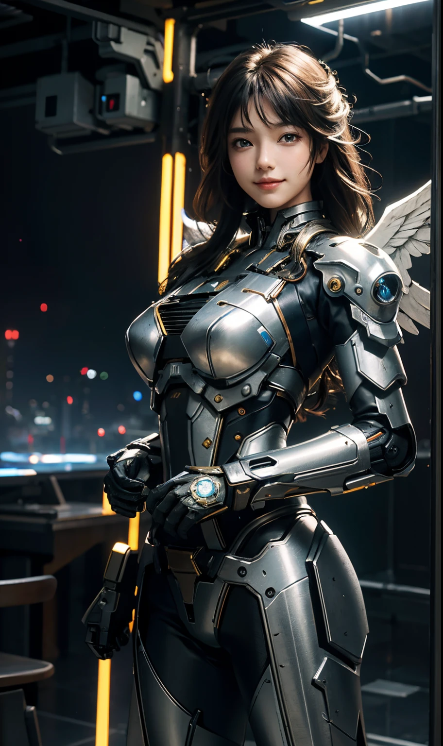 masterpiece,(bestquality),highlydetailed,ultra-detailed,1girl,(mechanicalwings:golden,glowingeyes:blue,silverarmor:1.2,elongatedears:0.8),(cyberpunkcity:1.5,weapon:energyblade),(fantasylandscape:1.2,natural lighting:1.5,confidentexpression),(panorama:1.2),mecha, smile,angle,Angels, wings,