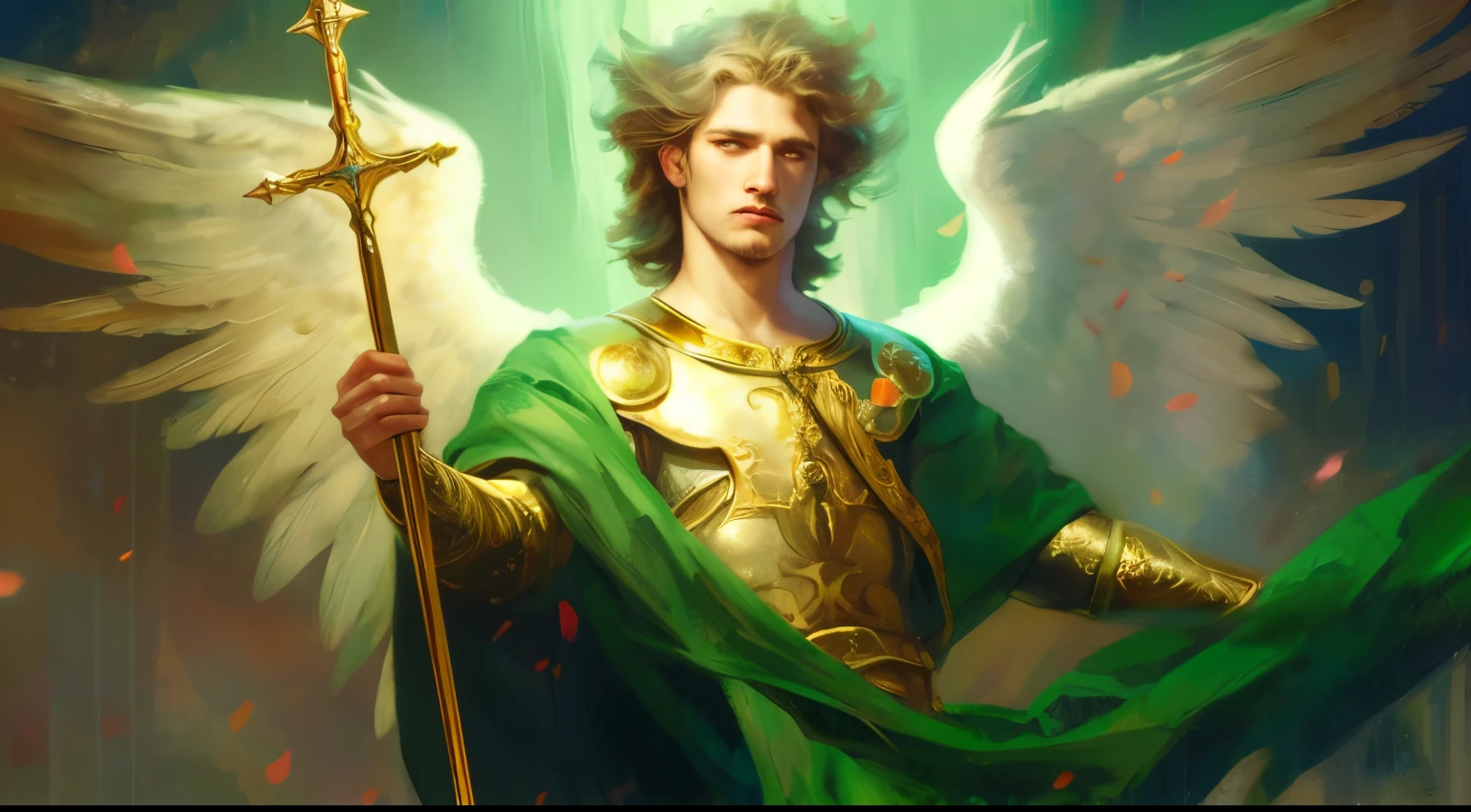 uma pintura de um homem vestido de verde segurando uma espada, Arcanjo Miguel, arcanjo, Directed by: Roman Bezpalkiv, saint michael the angel, Directed by: Aleksander Gierymski, Stanley Artgerm Lau, cheio de pinturas de anjos, Directed by: Arthur Pan, Directed by: Vladimir Borovikovsky, por Yang J, Directed by: Pablo Munoz Gomez, Rob Rey