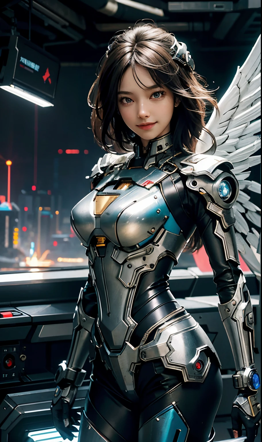 masterpiece,(bestquality),highlydetailed,ultra-detailed,1girl,(mechanicalwings:golden,glowingeyes:blue,silverarmor:1.2,elongatedears:0.8),(cyberpunkcity:1.5,weapon:energyblade),(fantasylandscape:1.2,natural lighting:1.5,confidentexpression),(panorama:1.2),mecha, smile,angle,Angels, wings,