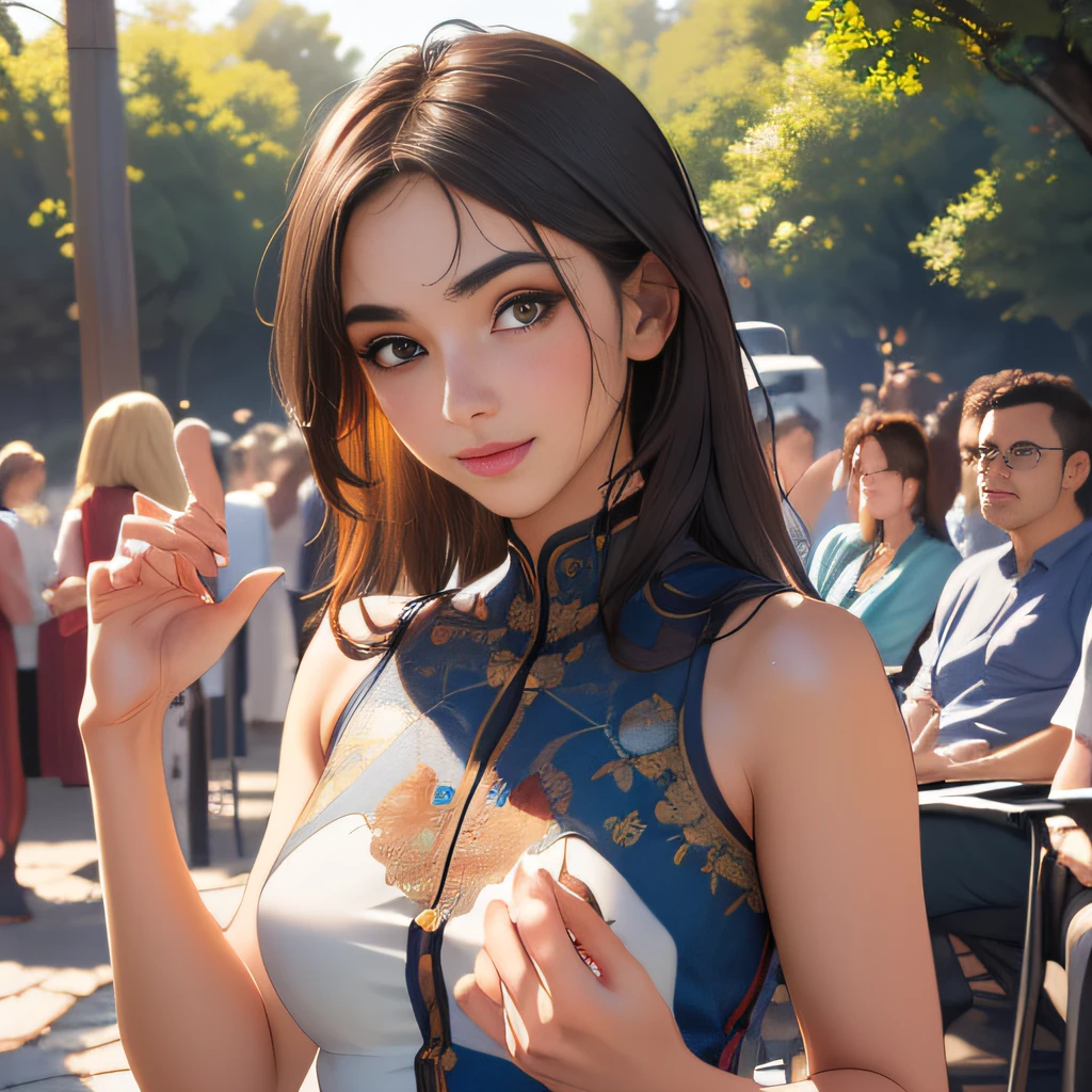 (Extremely detailed 8k wallpaper:2), (photo:2), (soigne Beautiful girl:2), (gives a lecture to friends:2), detailed (Face and eyes), (hyper realistic:1), (highly detailed:1), (epic realistic:1), rim light, (maximum details:1), cozy, (fullbody:1.3), (looking at viewer:2), (Woman's Attractive Qualities:2), (Attractive Woman:2), (Attractive:2), Smile, Intelligence, Empathy, Gracefulness, Sense of Style, Fitness, Grooming, Optimism, (Sensitivity:2), Sincerity, Romantic Gestures, Playfulness, Fashion Sense, (Sensuality:2), Charm, Modesty, Thoughtfulness, (Femininity:1), Flirtatiousness, Warmth, (Physical attractiveness:2), A beautiful smile, A love of life, strength and power, vulnerability, curiosity, wonder, love, (nature background:2), kawaii, waifu, Beautiful breasts, (attractive body:2), (Beautiful body:2), Beautiful pose, attractive pose, (Beautiful legs:1.0), (spread legs:1.0), (Beautiful clothes:1), (classic clothes:2), (elegant clothes:2), (European clothes:2), detailed clothes, (skirt:1), (blouse:1), (provocative pose)