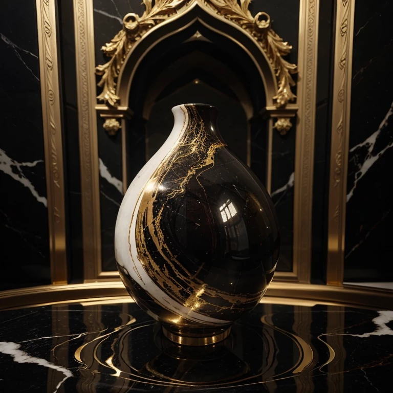 Produce an abstract marble-inspired image featuring a harmonious blend of black and gold hues, accentuated by subtle gradients of grey and white. Craft a visually striking composition that showcases the intricate veining and swirls characteristic of marble patterns. Experiment with light and shadow to enhance the luxurious and sophisticated feel, ensuring a captivating balance between the dark, rich tones and the opulent gold highlights