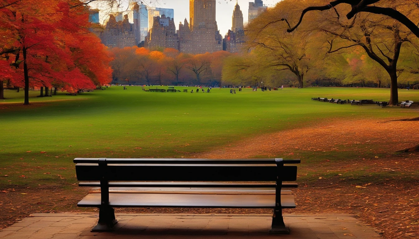 central park new york, day, a park bench in the foreground facing the camera with park in the background