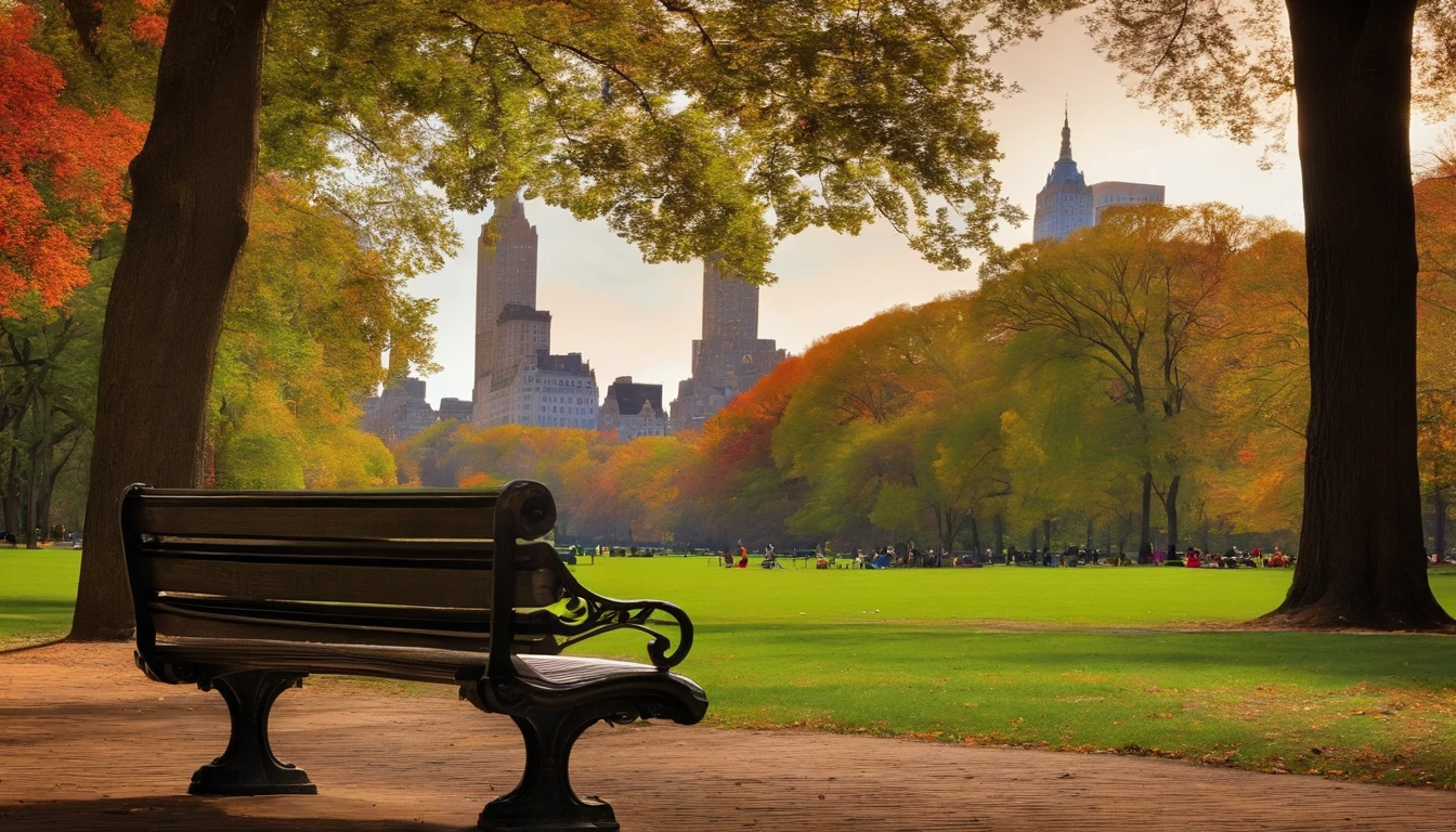 central park new york, day, a park bench in the foreground facing the camera with park in the background
