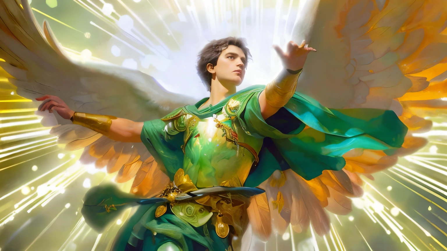 uma pintura de um anjo com uma espada e uma capa verde, arcanjo, Arcanjo Miguel, saint michael the angel, Magic : A Arte do Encontro, Anjo majestoso de corpo inteiro, Archfey, cheio de pinturas de anjos, Magia da Arte do Encontro, Magic the Gathering Arte, angel spirit guide, Arauto Esmeralda, hiperdetalhado | Donato Giancola, MTG Arte