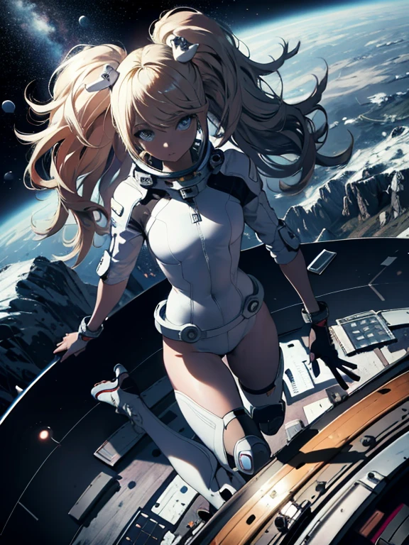 Absurd resolution, high resolution, (masterpiece:1.4), ultra-detailed, 1girl, in spacesuit, seen from above, space, floating, satellite, running pose, wide-angle lens distortion