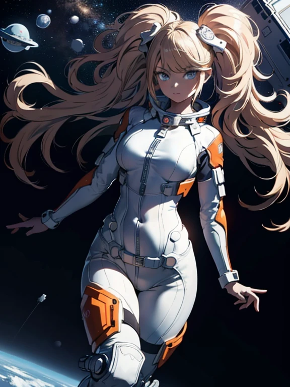 Absurd resolution, high resolution, (masterpiece:1.4), ultra-detailed, 1girl, in spacesuit, seen from above, space, floating, satellite, running pose, wide-angle lens distortion