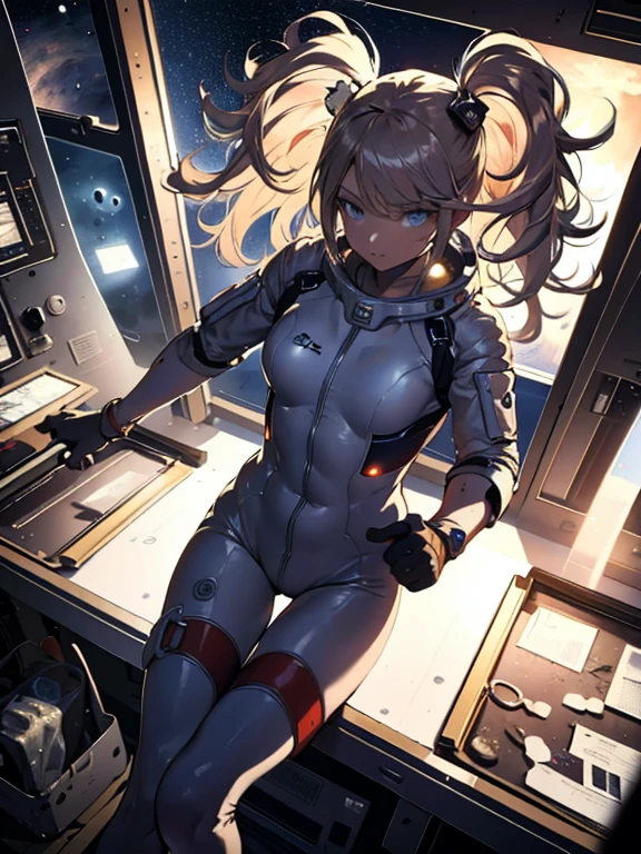 Absurd resolution, high resolution, (masterpiece:1.4), ultra-detailed, 1girl, in spacesuit, seen from above, space, floating, satellite, running pose, wide-angle lens distortion