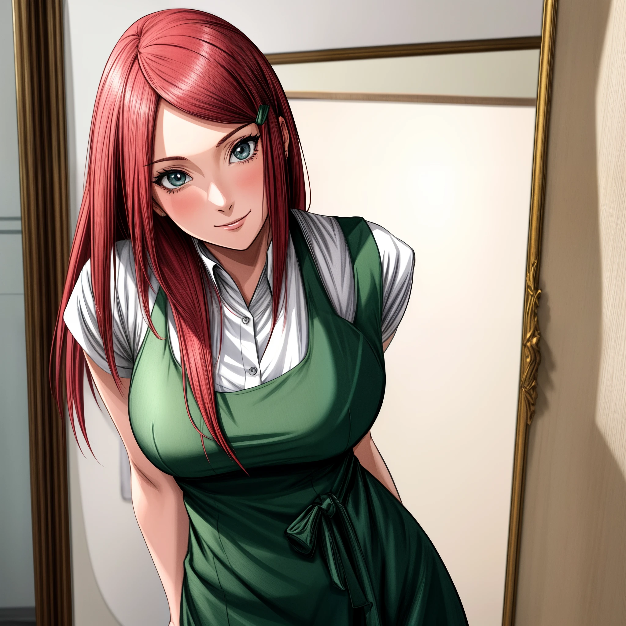 uzumaki_kushina, large_breasts, standing, solo, kushina_green_dress, masterpiece, best quality, detailed face, detailed eyes, highres, smile, (masterpiece:1.4, best quality:1.2), (Highres), (Detailed Illustration), Ultra-Detailed, konohagakure, uzumaki_kushina, kushina_green_dress, standing straight, ass focus