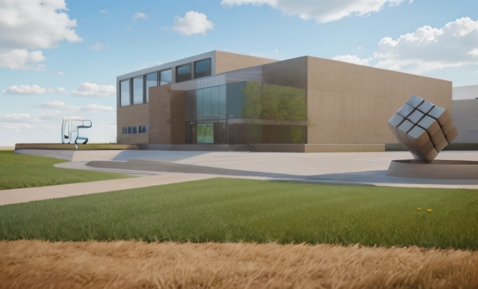 a rendering of a plaza in front of one office building,
stone pathway to building and from right to left,
one steel sculpture on the left and one steel sculpture on the right,
hilly grass between building and plaza,
((nice grass lawn)),
beautiful sky,
daylight, bright daylight,
two-point perspective, human perspective,
realistic, masterpiece, ultra-detailed, 4K, photographic rendering, commercial
rendering