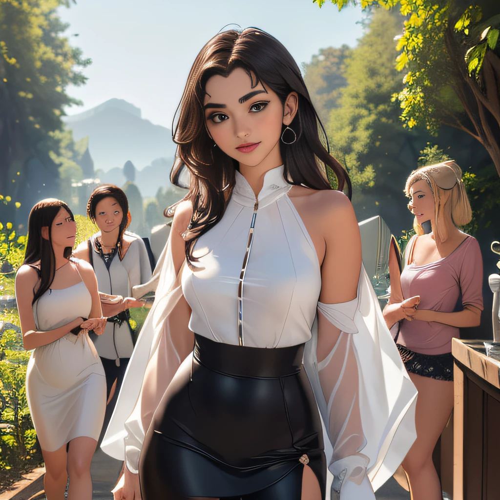 (Extremely detailed 8k wallpaper:2), (photo:2), (soigne Beautiful girl:2), (gives a lecture to friends:2), detailed (Face and eyes), (hyper realistic:1), (highly detailed:1), (epic realistic:1), rim light, (maximum details:1), cozy, (fullbody:1.3), (looking at viewer:2), (Woman's Attractive Qualities:2), (Attractive Woman:2), (Attractive:2), Smile, Intelligence, Empathy, Gracefulness, Sense of Style, Fitness, Grooming, Optimism, (Sensitivity:2), Sincerity, Romantic Gestures, Playfulness, Fashion Sense, (Sensuality:2), Charm, Modesty, Thoughtfulness, (Femininity:1), Flirtatiousness, Warmth, (Physical attractiveness:2), A beautiful smile, A love of life, strength and power, vulnerability, curiosity, wonder, love, (nature background:2), kawaii, waifu, Beautiful breasts, (attractive body:2), (Beautiful body:2), Beautiful pose, attractive pose, (Beautiful legs:1.0), (spread legs:1.0), (Beautiful clothes:1), (classic clothes:2), (elegant clothes:2), (European clothes:2), detailed clothes, (skirt:1), (blouse:1), (provocative pose)