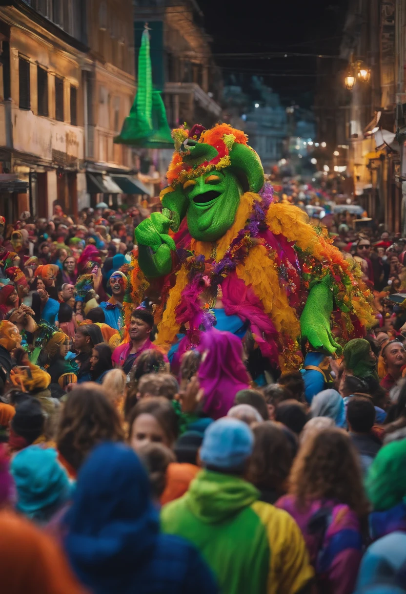 A colorful and chaotic parade filling the streets with music and dance.,original,Tall and slime man